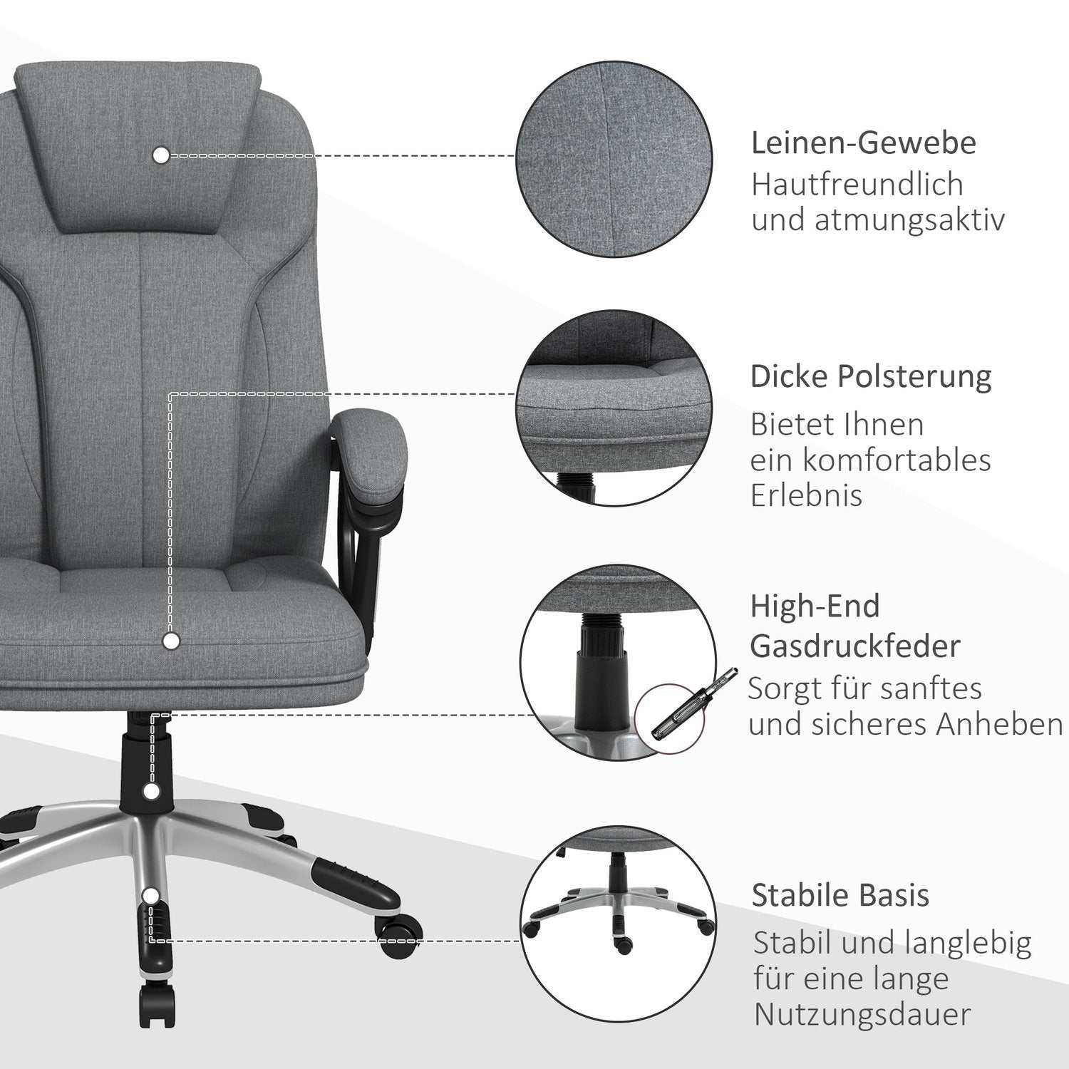 Kontorstol Ergonomisk datamaskinstol med vippefunksjon, høydejusterbar, nakkestøtte, armlen, grå, linlook, 66X75X110-120Cm