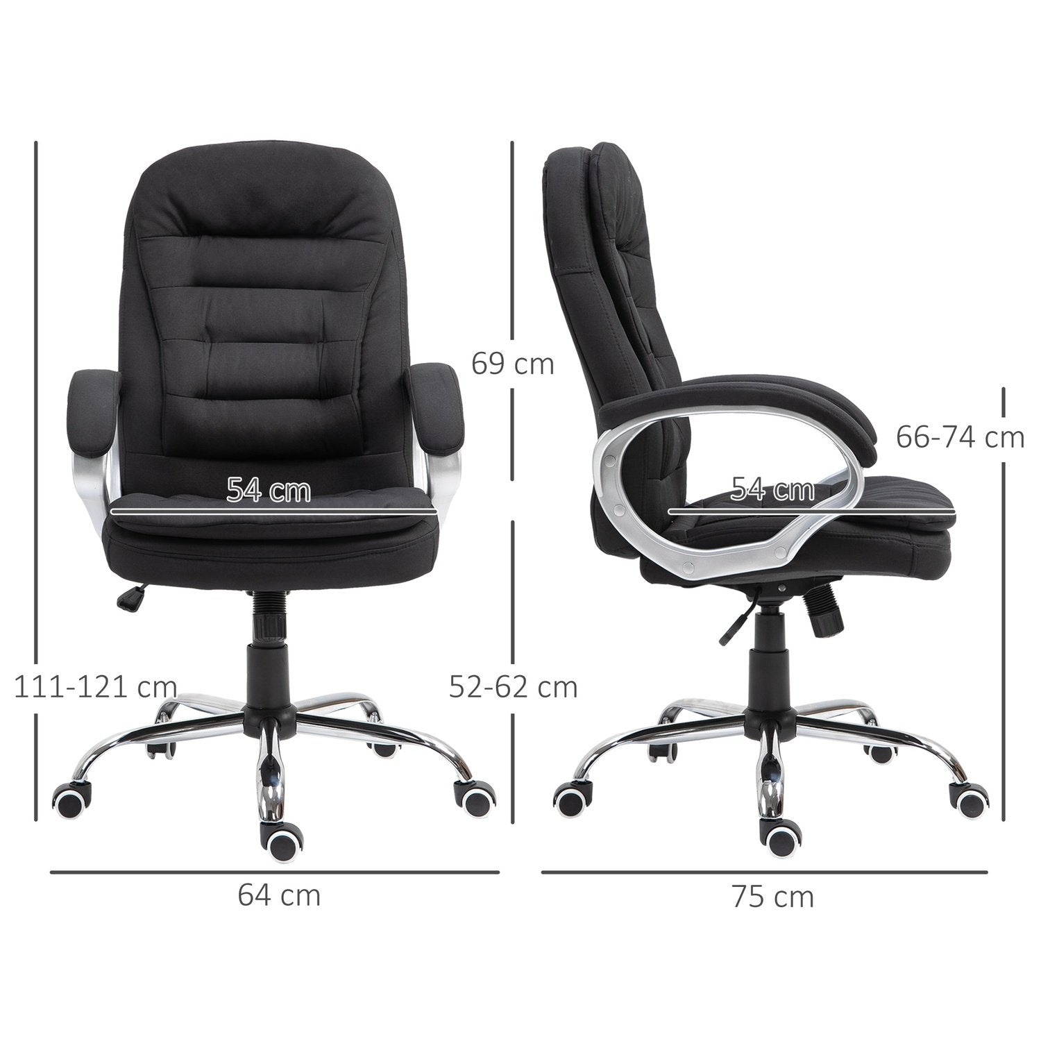 Kontorstol Skrivebordsstol med 360° rotasjon, ergonomisk, vippefunksjon, høydejusterbar, svart lin, 64X75X111-121 cm