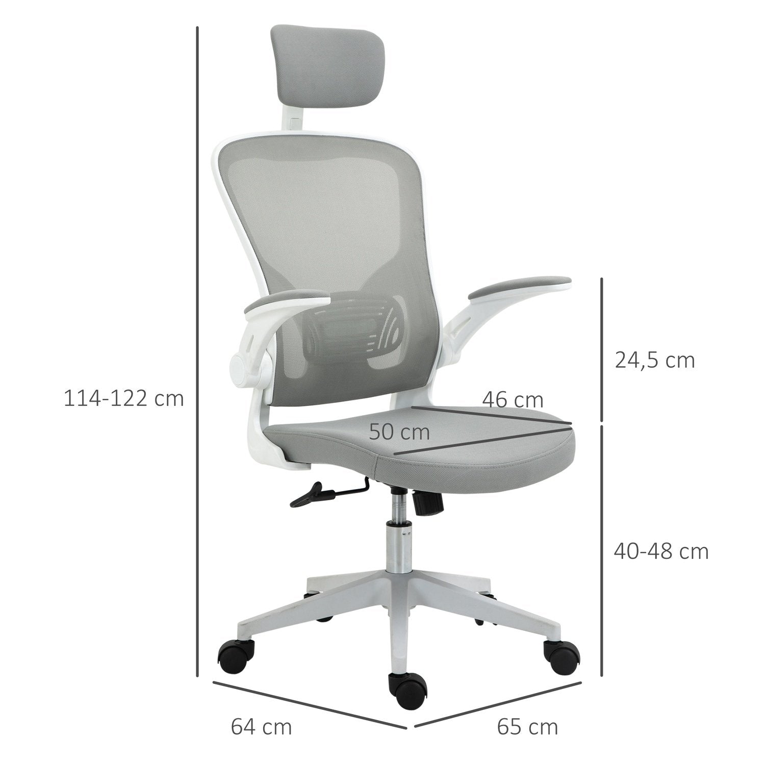 Kontorstol Ergonomisk stol med vippefunksjon Høy ryggstøtte for nakkestøtte, sammenleggbar Grå 65 X 64 X 114-122 Cm