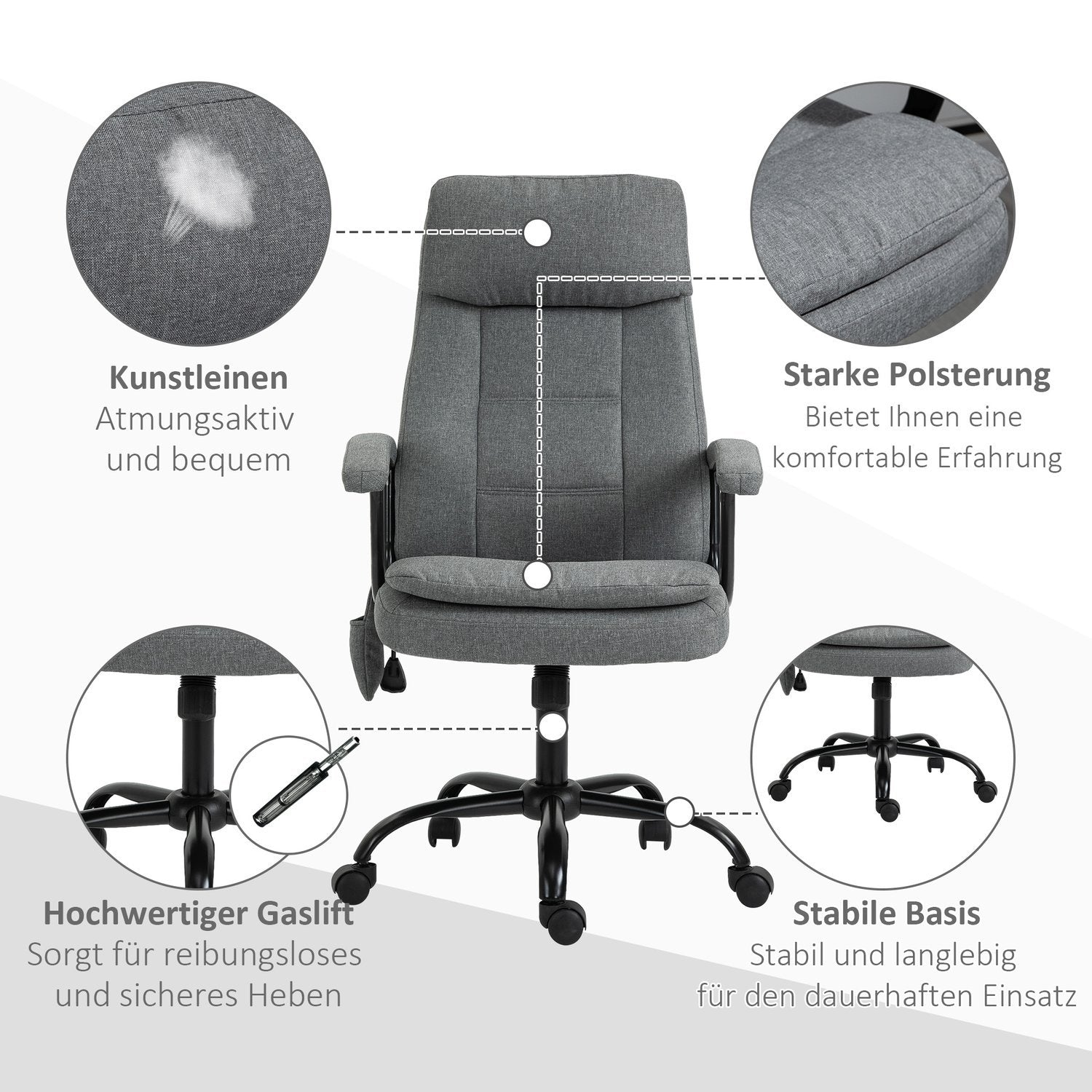 Kontorstol Ergonomisk spillestol med massasje og korsryggmassasje, høydejusterbar, linfølelse, grå, 63X70X112-121cm