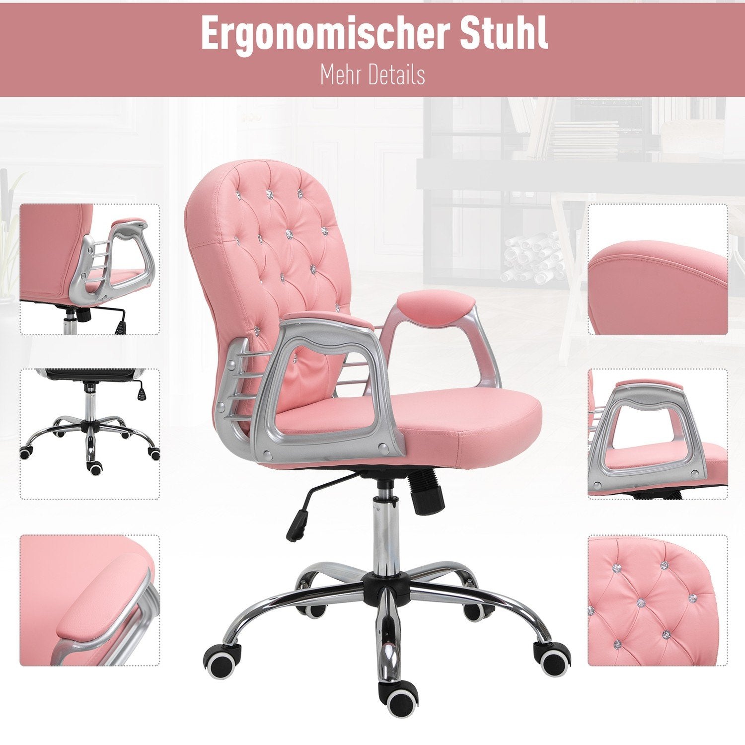 Kontorstol Executive Chair Ergonomisk polstret ryggstøtte, rosa, Pu, 59,5 X 60,5 95-105 Cm