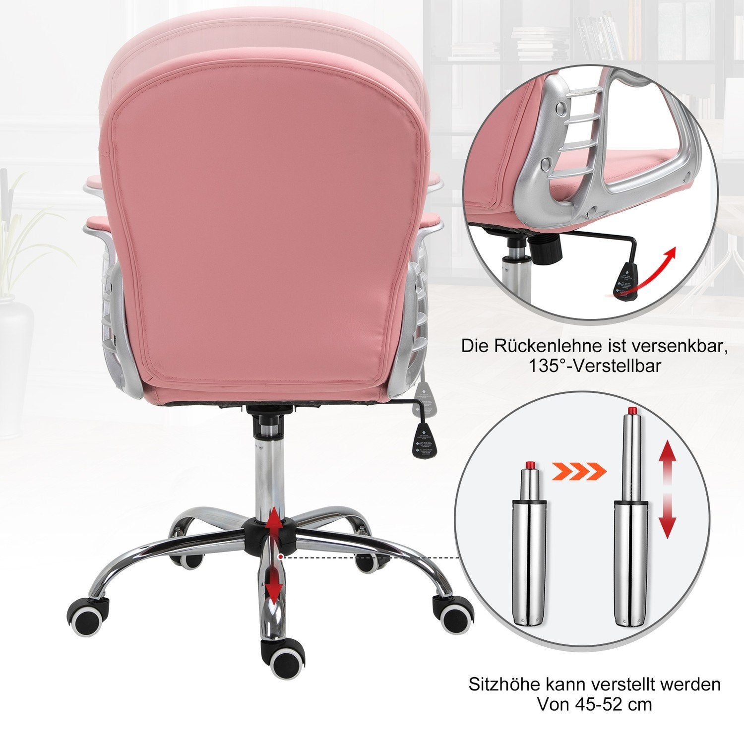 Kontorstol Executive Chair Ergonomisk polstret ryggstøtte, rosa, Pu, 59,5 X 60,5 95-105 Cm