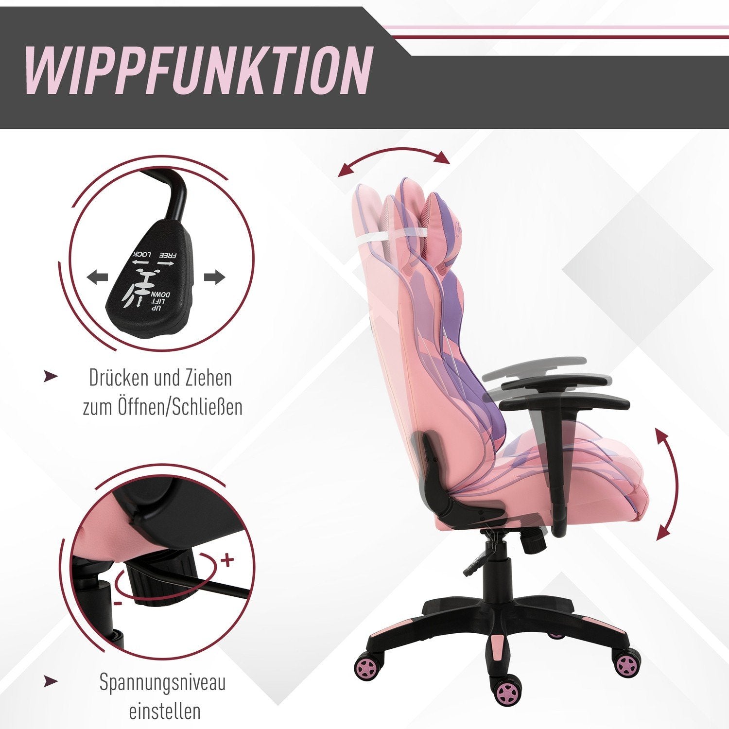 Gaming Chair Ergonomisk kontorstol, spinnestol, justerbar massasje lumbal pute, høydejusterbar, rosa og lilla, 69X56X125,5 cm