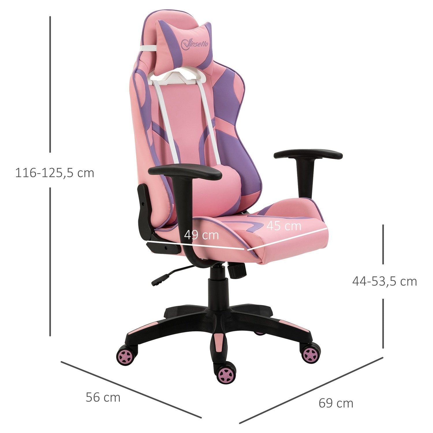 Gaming Chair Ergonomisk kontorstol, spinnestol, justerbar massasje lumbal pute, høydejusterbar, rosa og lilla, 69X56X125,5 cm