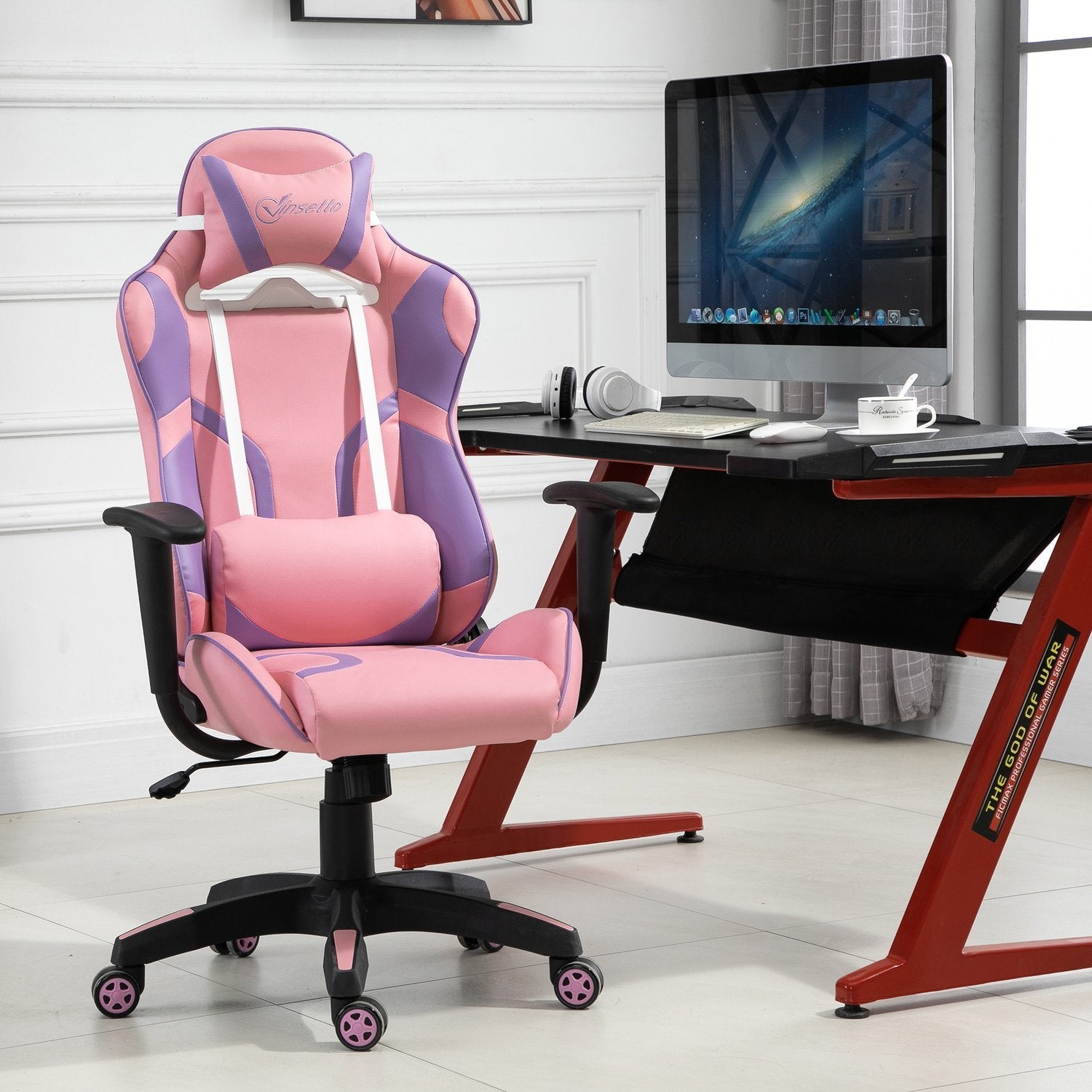 Gaming Chair Ergonomisk kontorstol, spinnestol, justerbar massasje lumbal pute, høydejusterbar, rosa og lilla, 69X56X125,5 cm