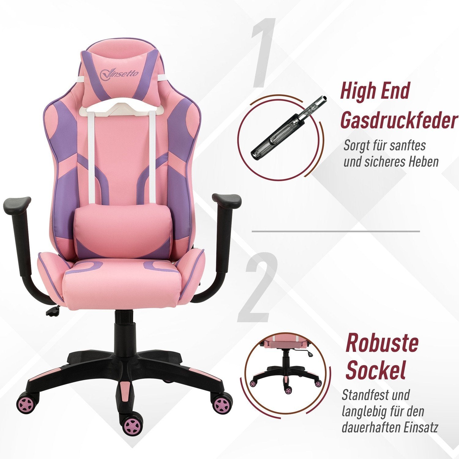 Gaming Chair Ergonomisk kontorstol, spinnestol, justerbar massasje lumbal pute, høydejusterbar, rosa og lilla, 69X56X125,5 cm