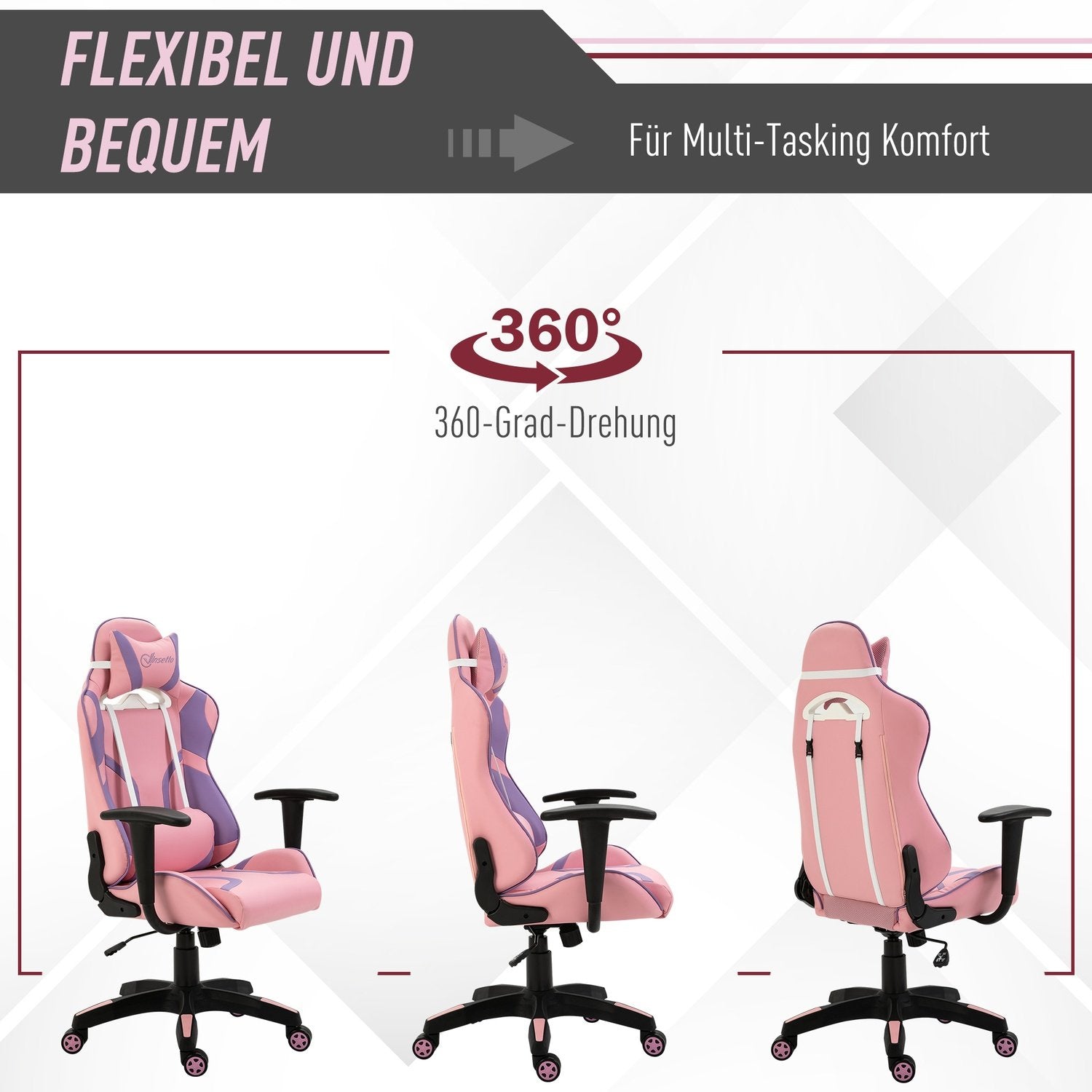 Gaming Chair Ergonomisk kontorstol, spinnestol, justerbar massasje lumbal pute, høydejusterbar, rosa og lilla, 69X56X125,5 cm