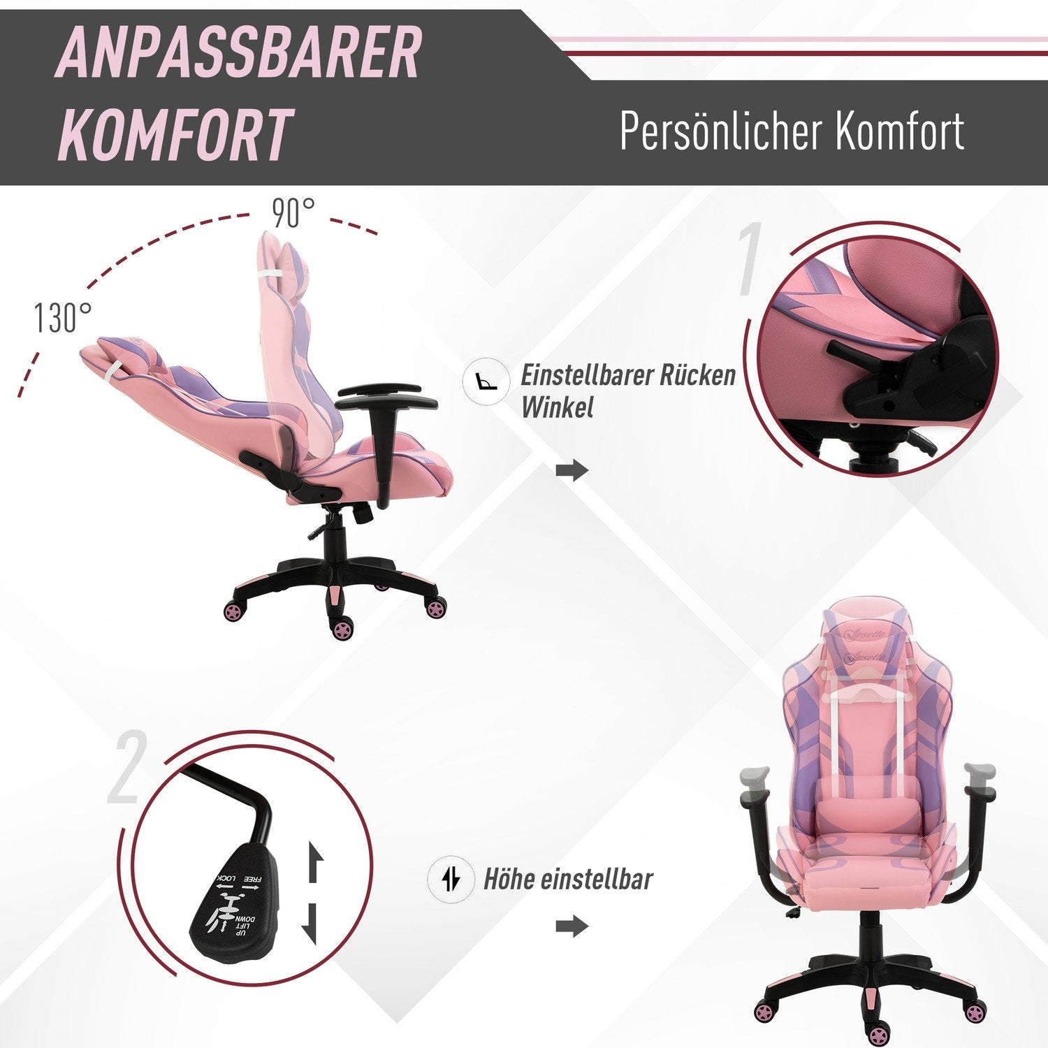 Gaming Chair Ergonomisk kontorstol, spinnestol, justerbar massasje lumbal pute, høydejusterbar, rosa og lilla, 69X56X125,5 cm