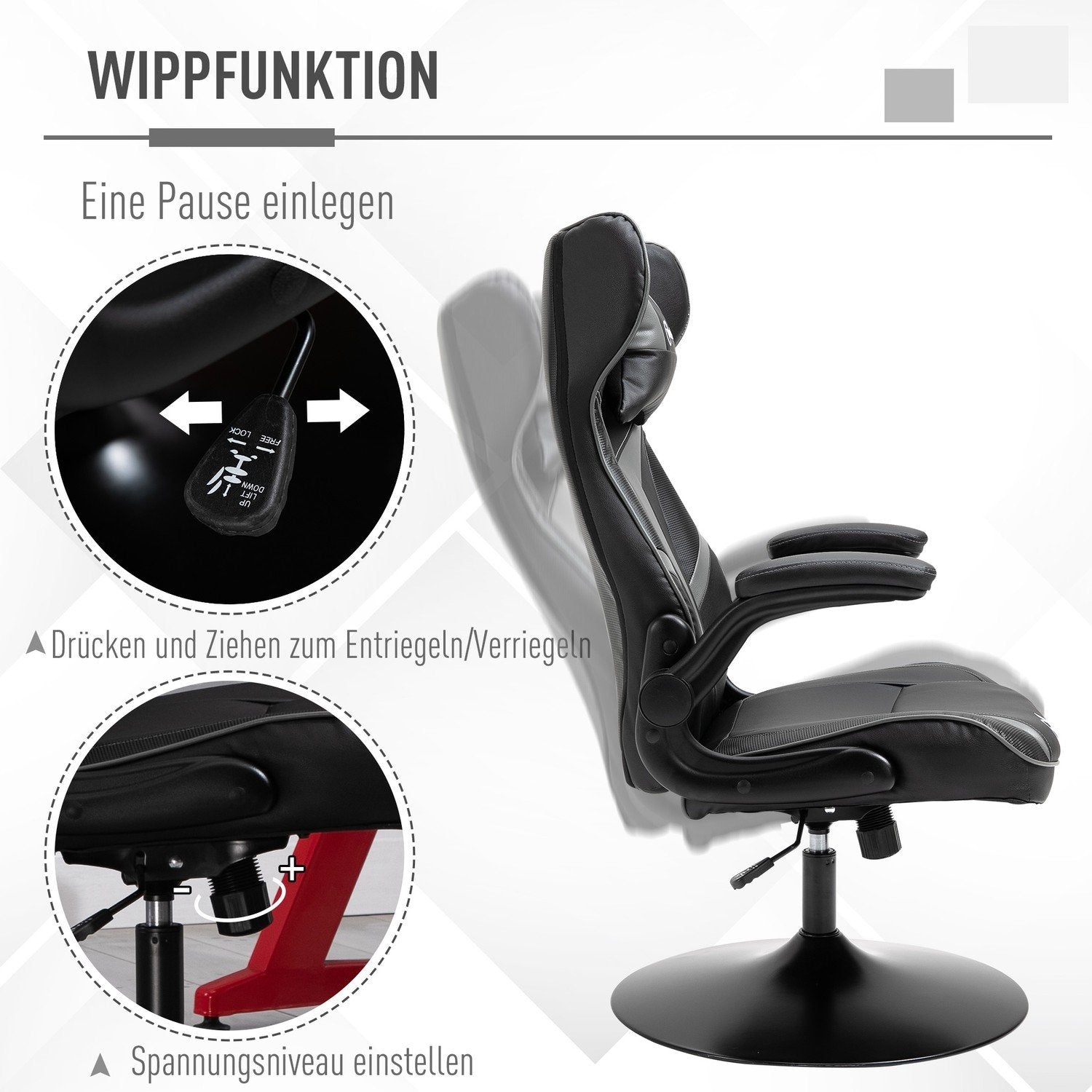 Snurrstol Gamingstol Med Vippfunktion Ergonomisk Höjdjusterbar Med Vippfunktion Stål Svart + Grå 67 X 75 X 106-112 Cm