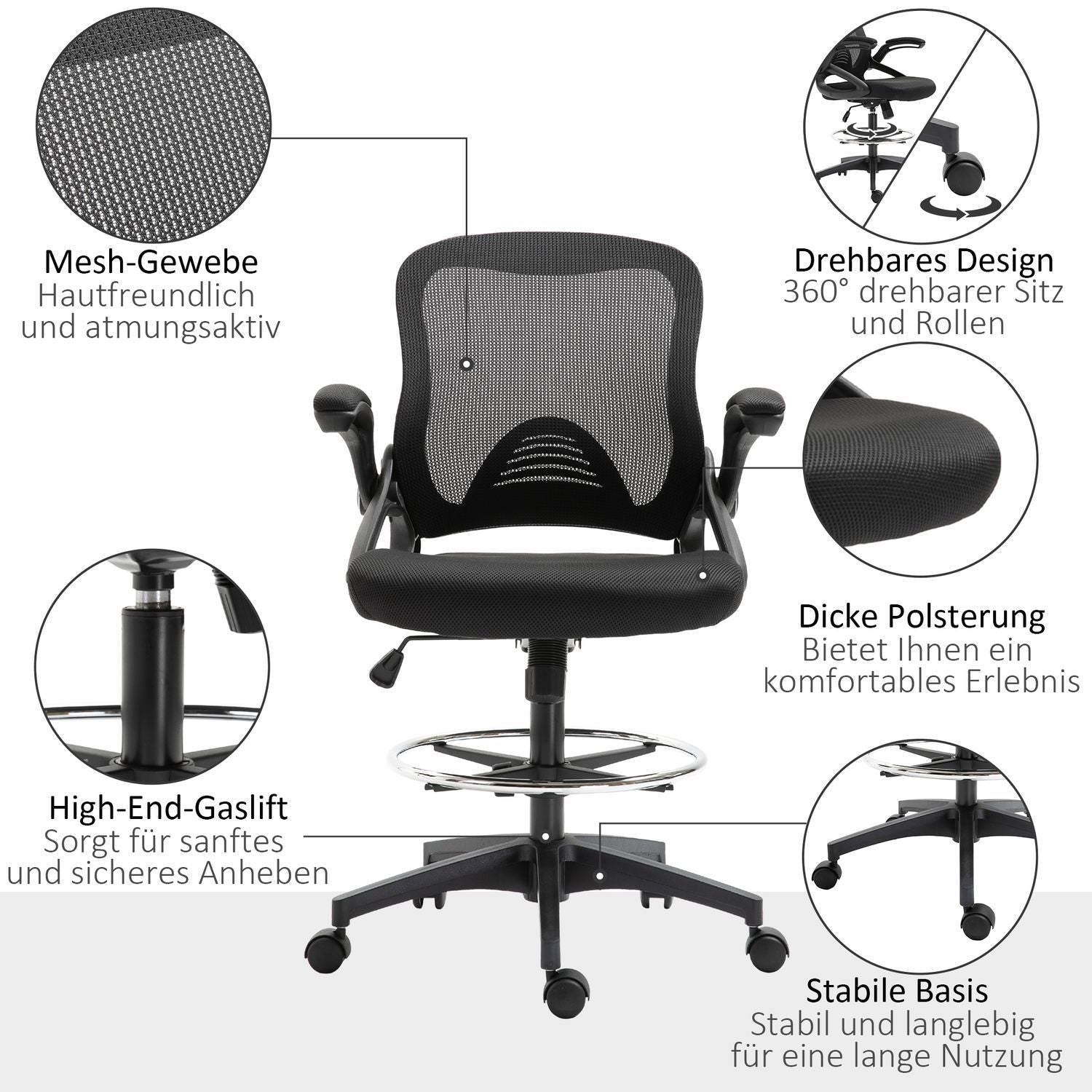 Skrivebordsstol Ergonomisk kontorstol Svingstol 360° med justerbar fotring Lastekapasitet Opp til 120 Kg Mesh Svart 106-126 Cm