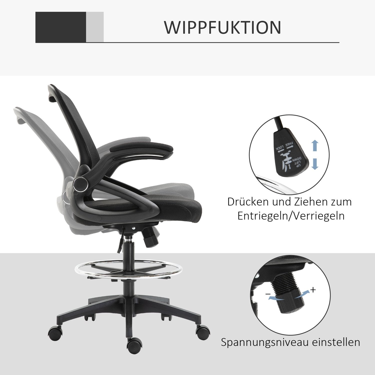 Skrivebordsstol Ergonomisk kontorstol Svingstol 360° med justerbar fotring Lastekapasitet Opp til 120 Kg Mesh Svart 106-126 Cm