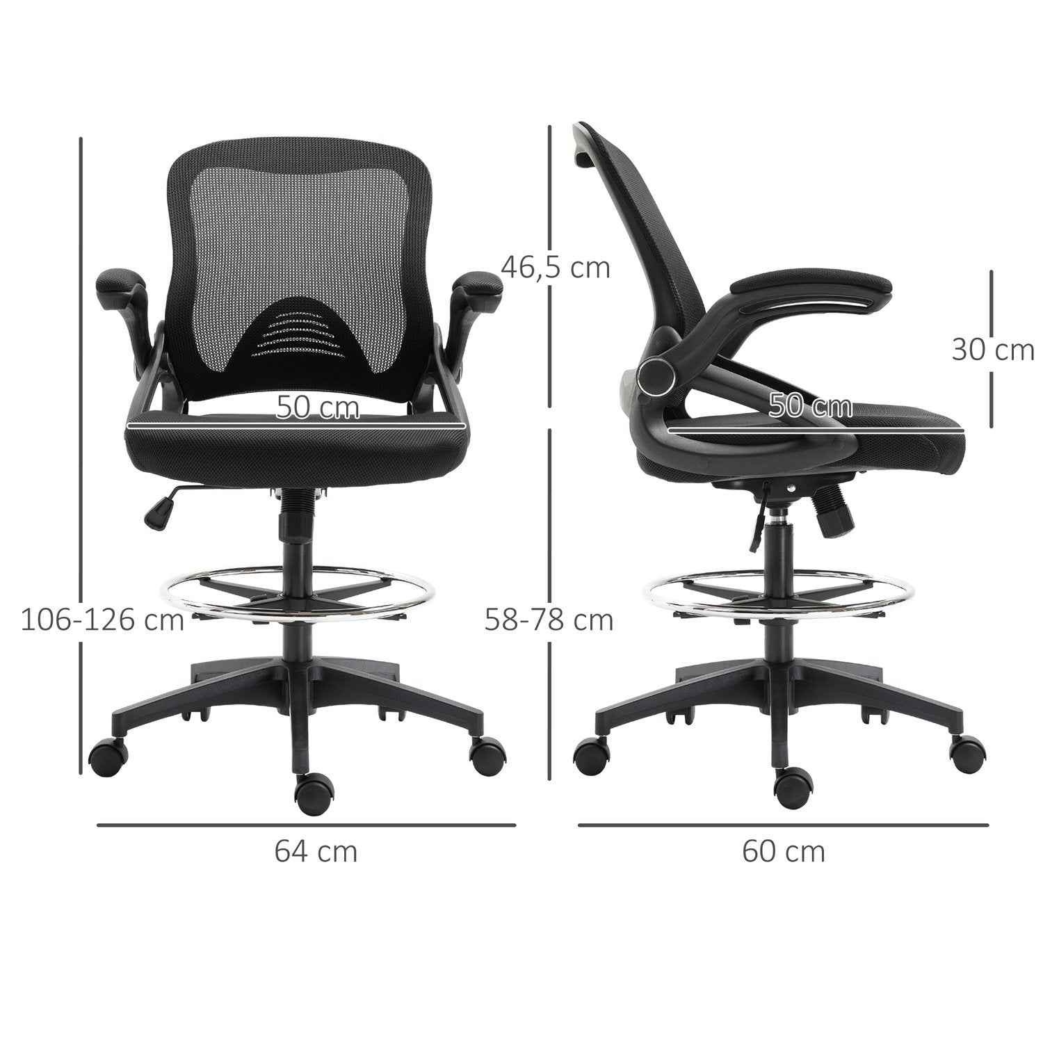 Skrivebordsstol Ergonomisk kontorstol Svingstol 360° med justerbar fotring Lastekapasitet Opp til 120 Kg Mesh Svart 106-126 Cm