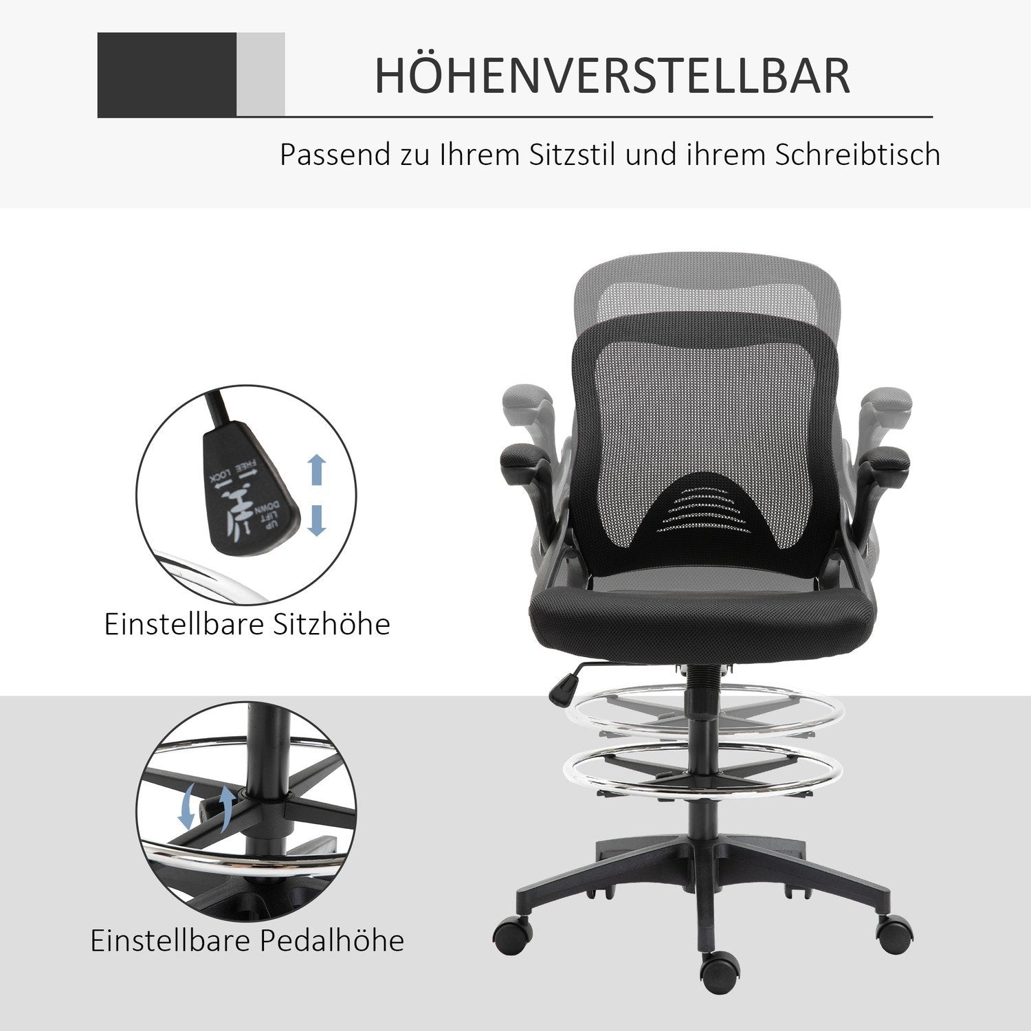 Skrivebordsstol Ergonomisk kontorstol Svingstol 360° med justerbar fotring Lastekapasitet Opp til 120 Kg Mesh Svart 106-126 Cm