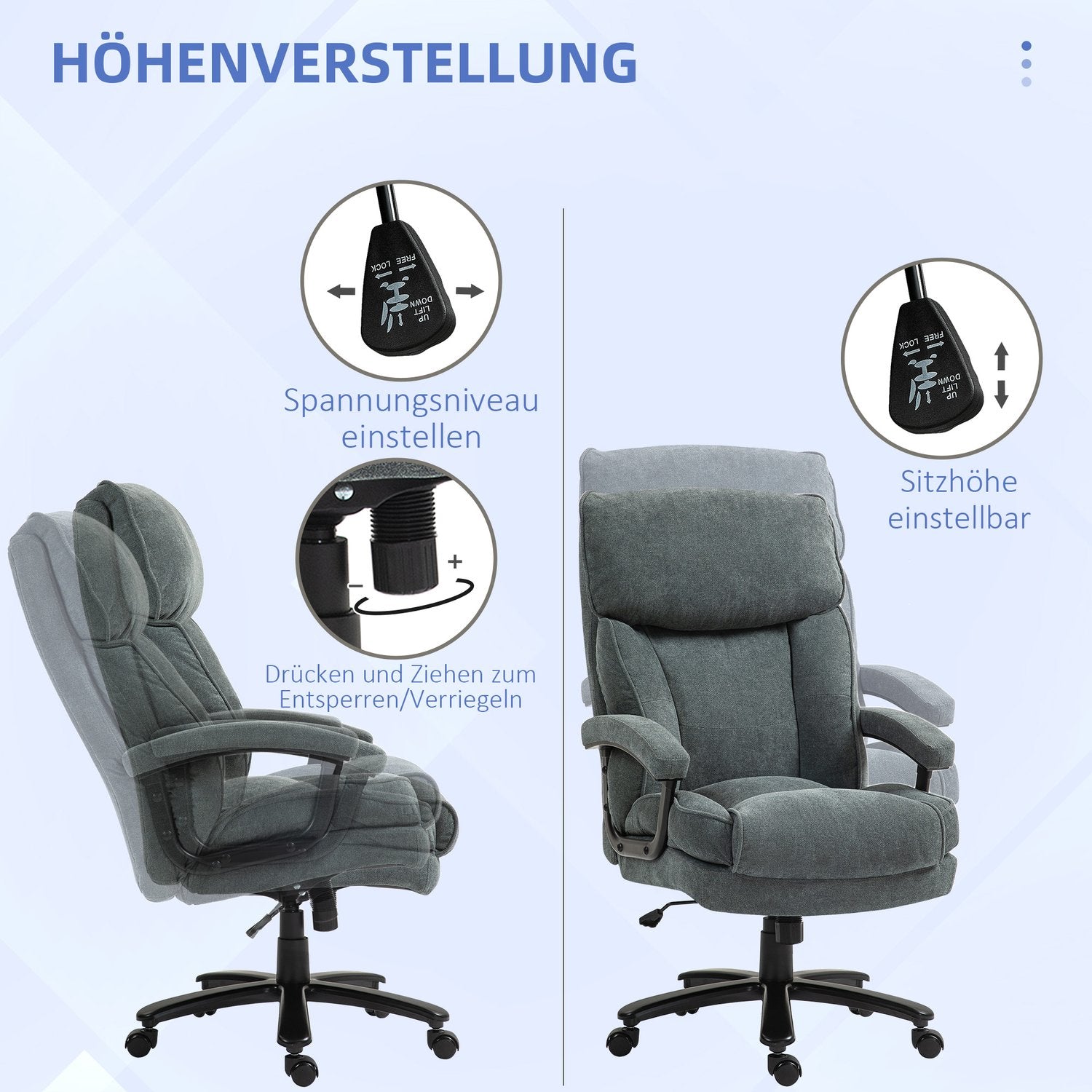 Ergonomisk grå kontorsstol, linnelook, höjdjusterbar