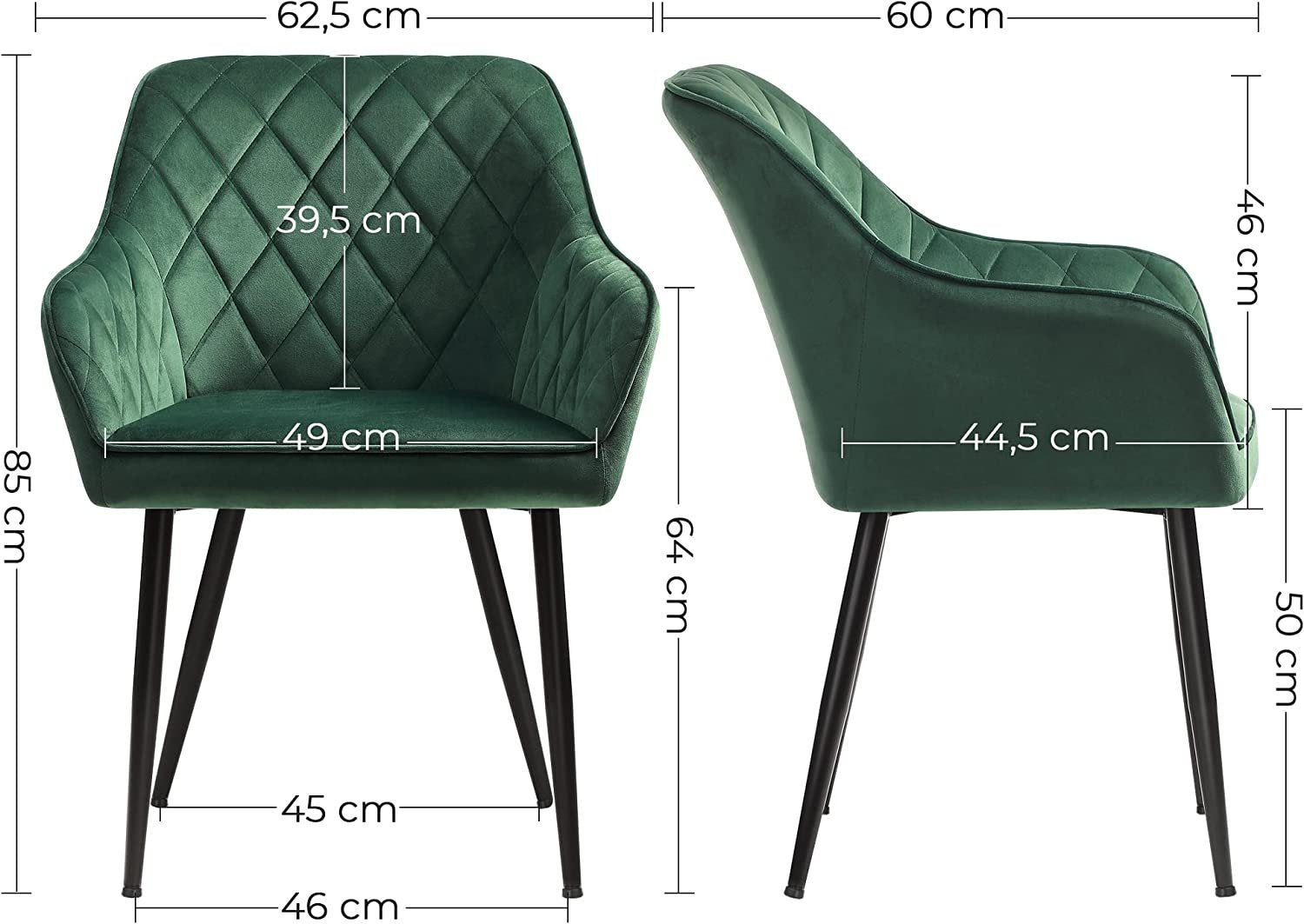 Ergonomisk grön sammetsstol med metallben och armstöd