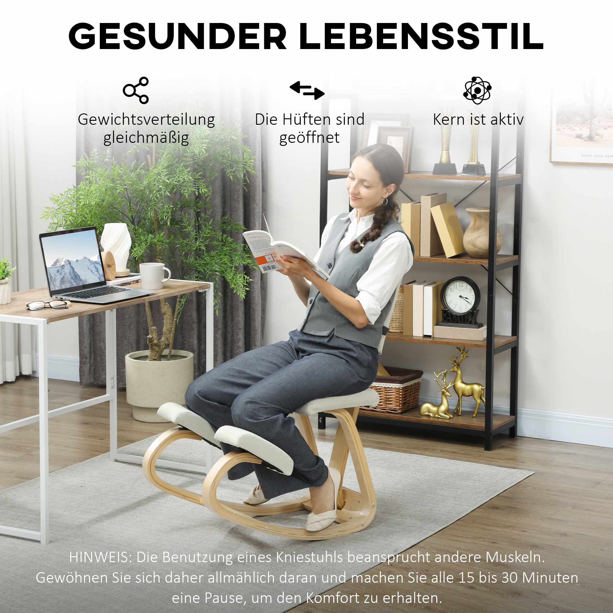 Ergonomisk knäböjd stol, björkträram, krämvit