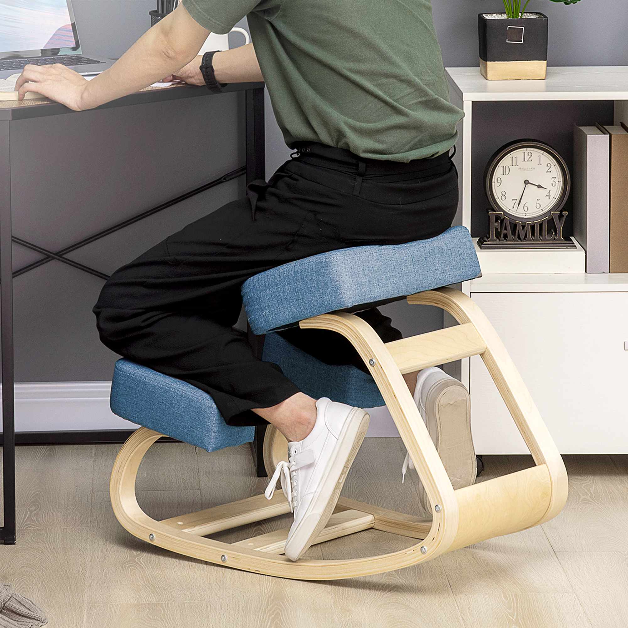 Ergonomisk knäböjstol, björkträ, 120 kg kapacitet, blå