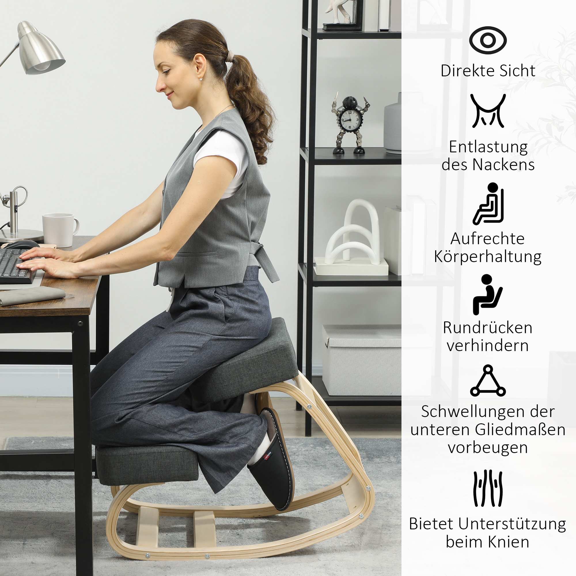 Ergonomisk knäböjstol, björkträ, 120 kg kapacitet, mörkgrå