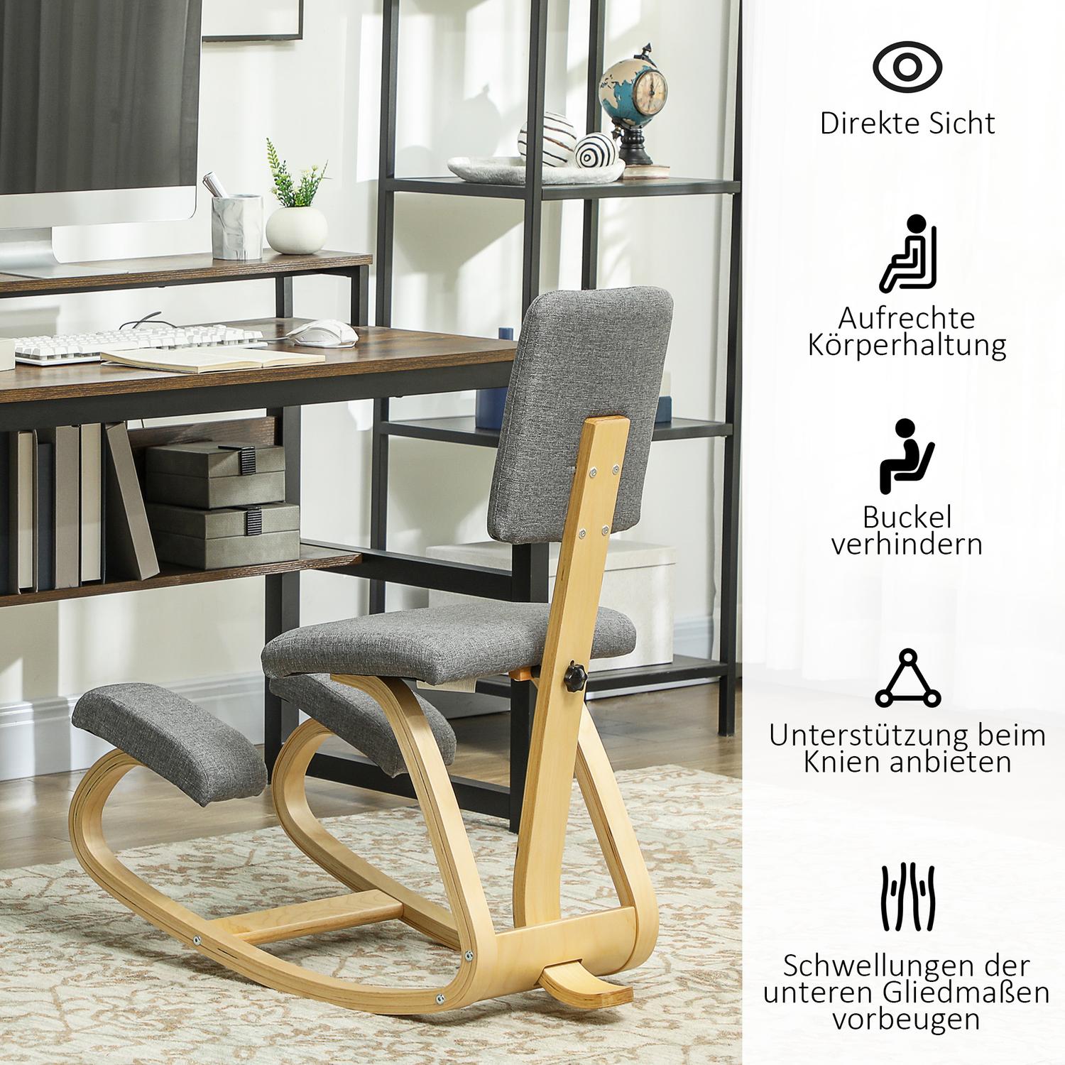 Ergonomisk knästol, björkträ, grå, hem & kontor