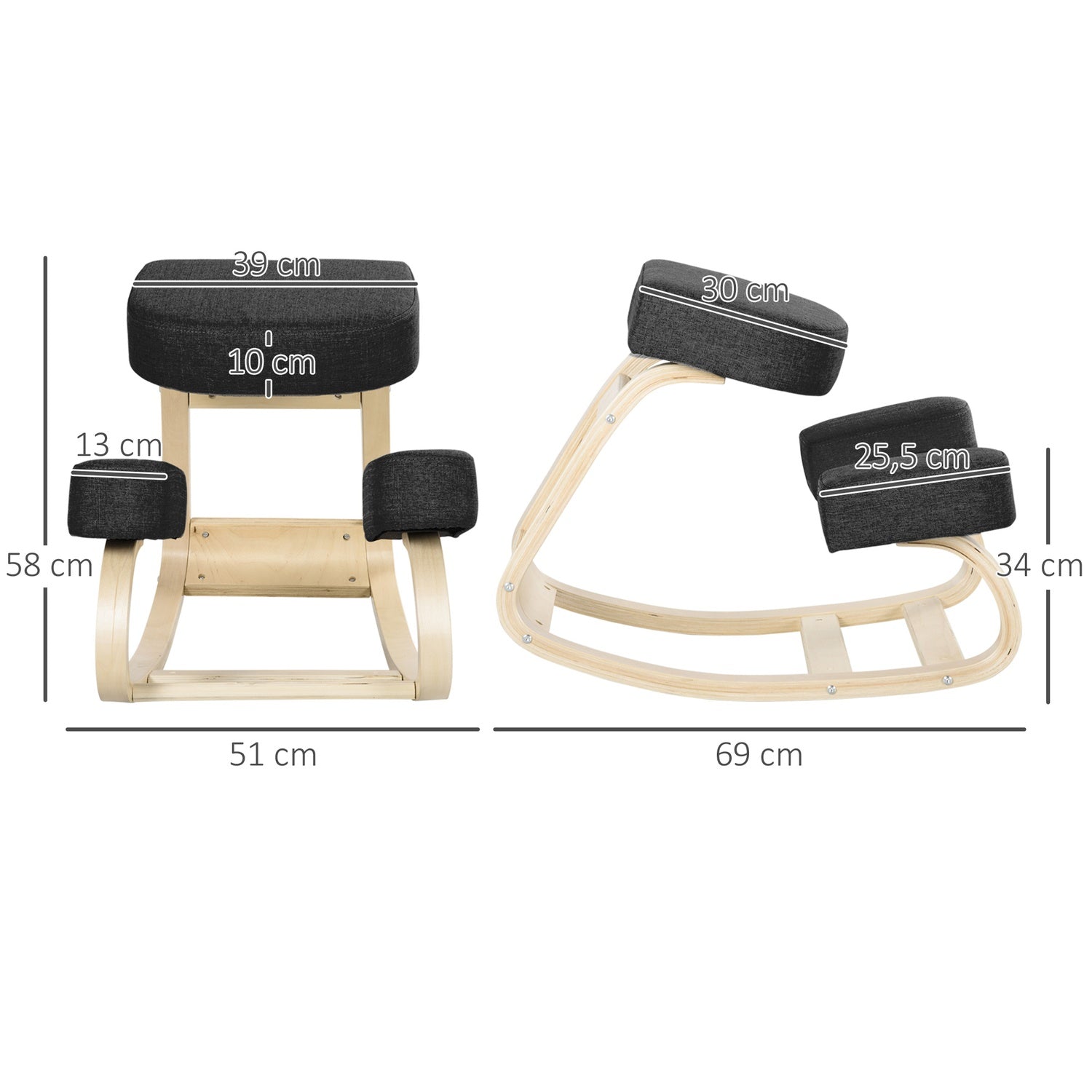 Ergonomisk knästol, björkträ, svart, 120 kg Kapacitet