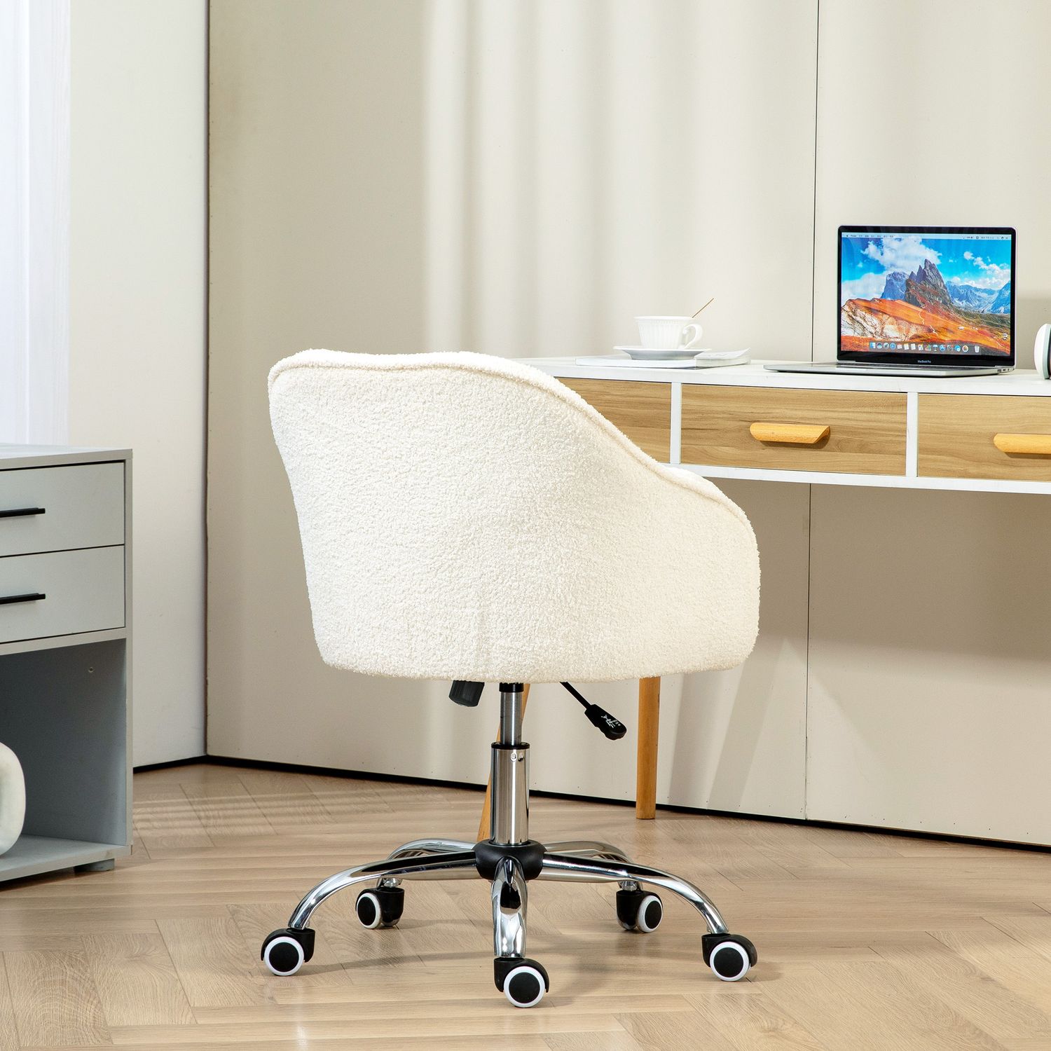Ergonomisk kontorsstol, Krämvit Teddy Fleece, Justerbar höjd