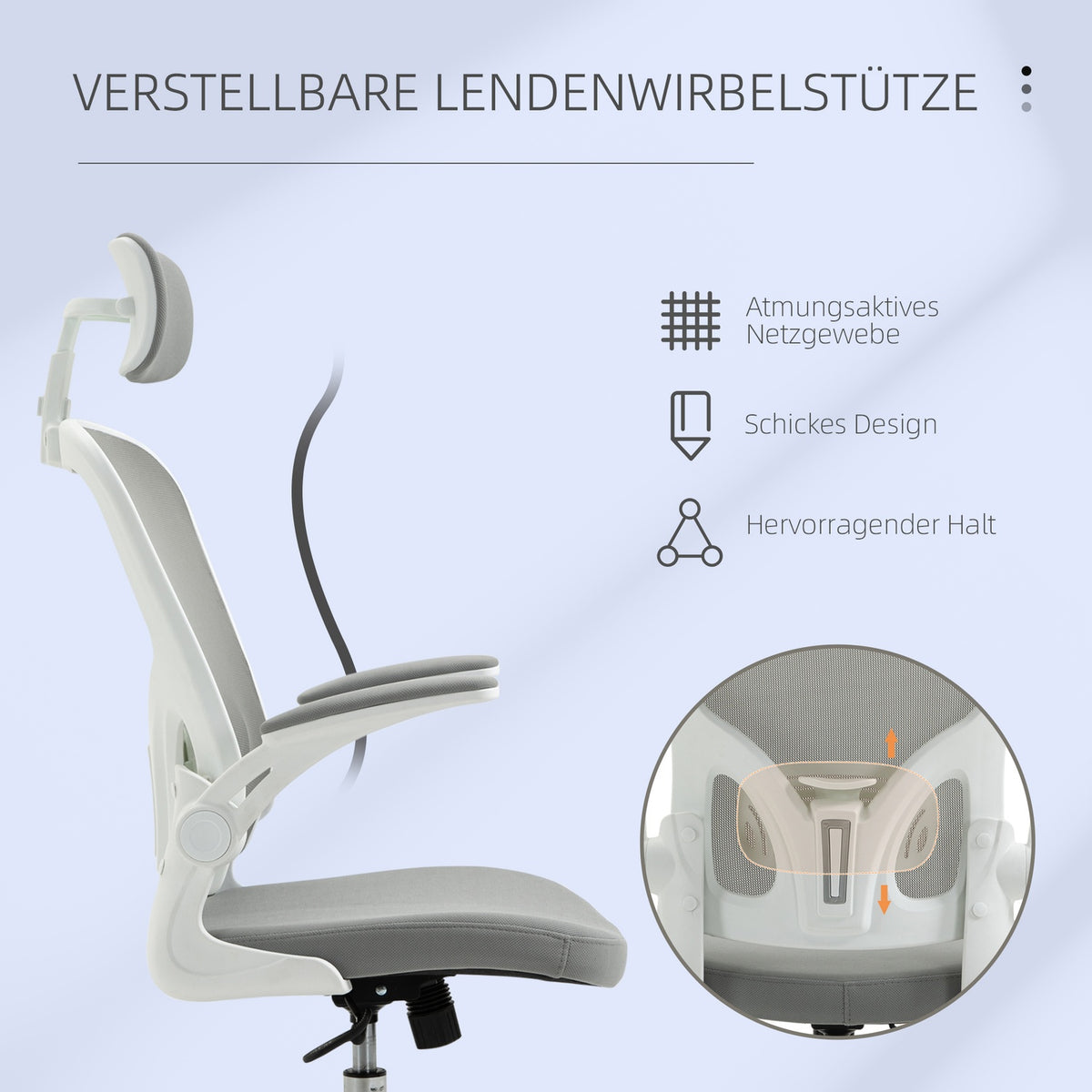 Ergonomisk kontorstol, høy rygg med korsryggstøtte, grå