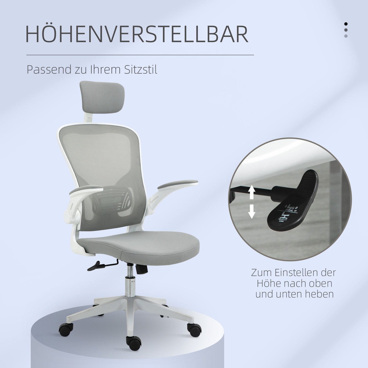 Ergonomisk kontorstol, høy rygg med korsryggstøtte, grå