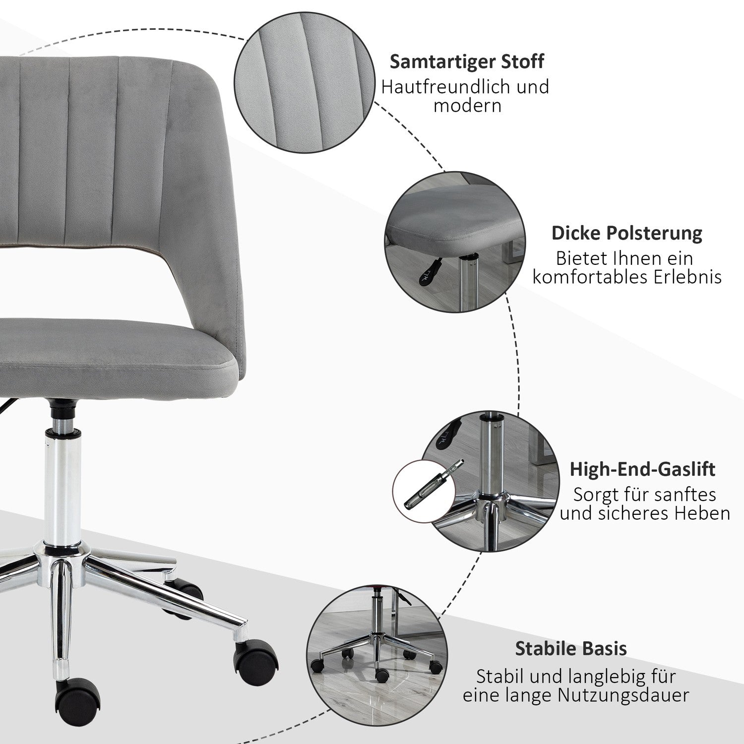 Ergonomisk kontorsstol i grå sammet med justerbar höjd