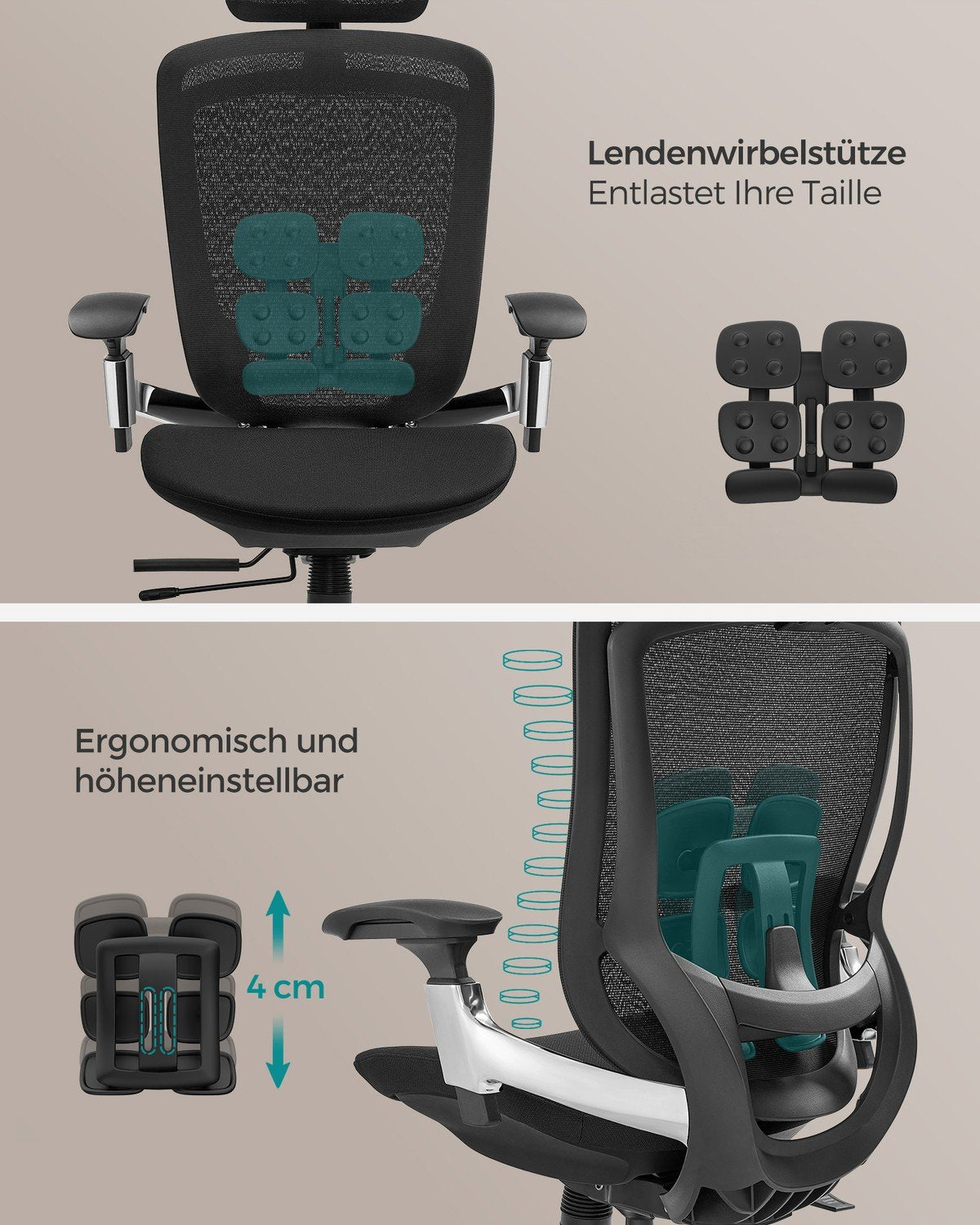 Ergonomisk kontorstol i mesh med justerbar korsryggstøtte