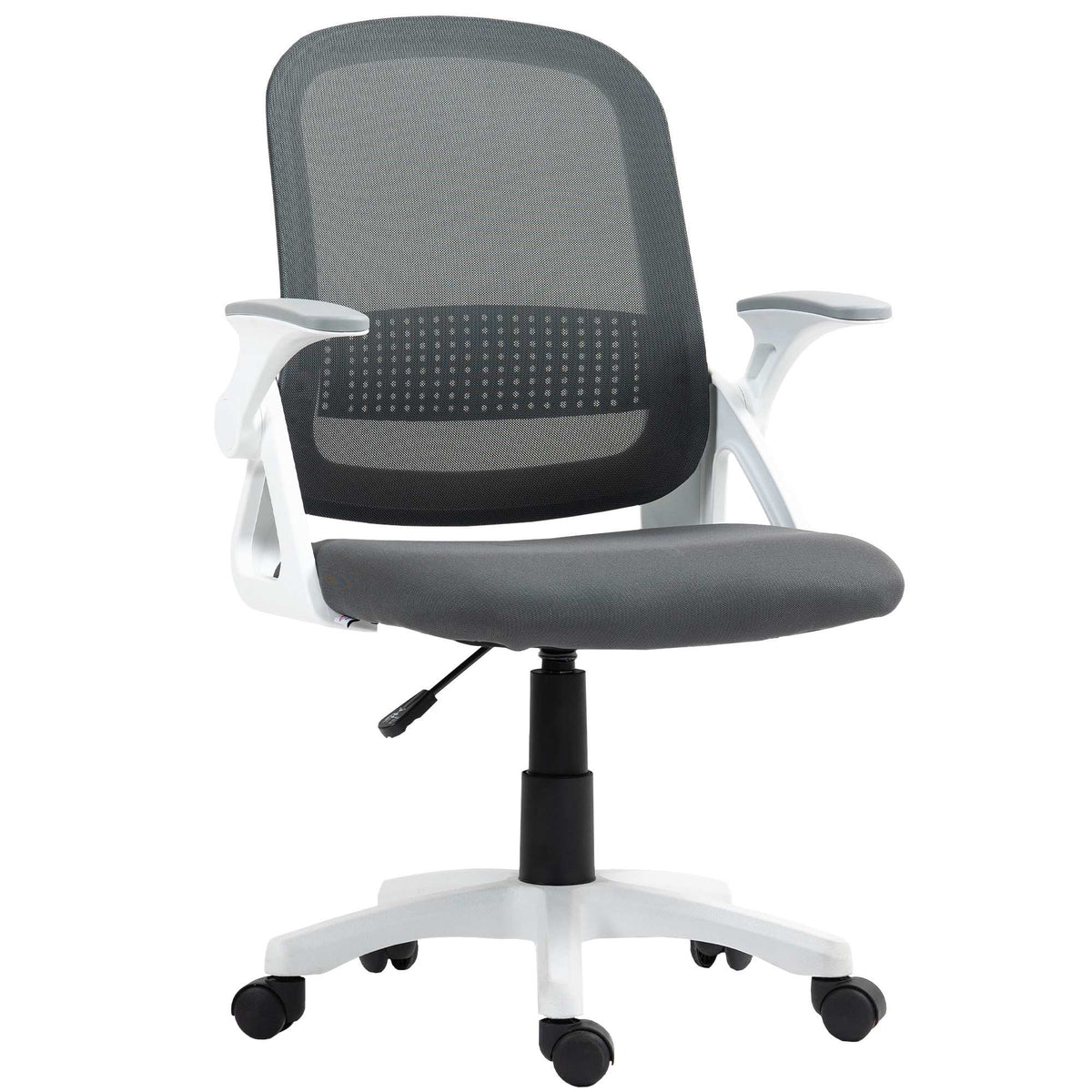 Ergonomisk kontorsstol i nät med fällbara armstöd, grå