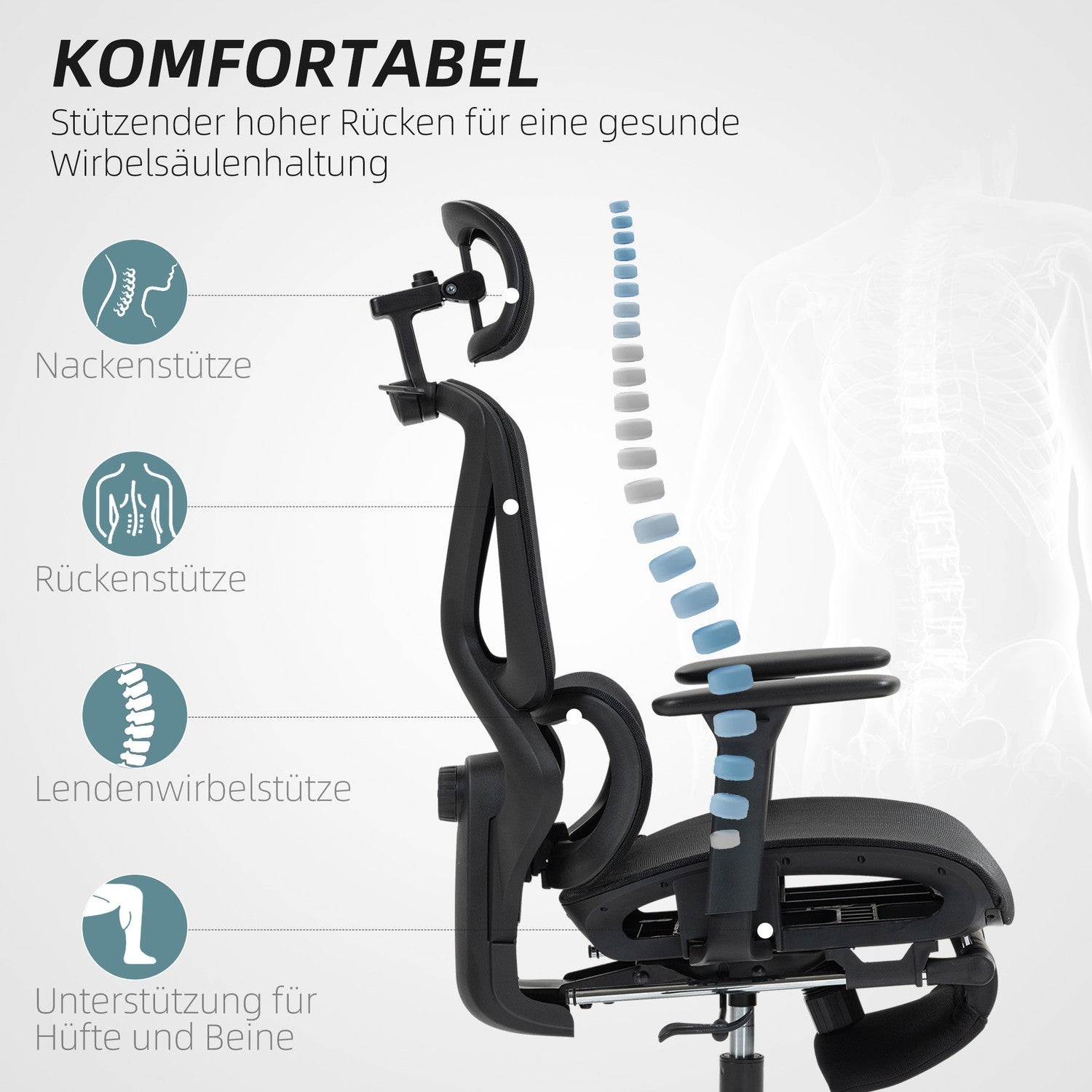 Ergonomisk kontorsstol, justerbar, 135° lutning, svart