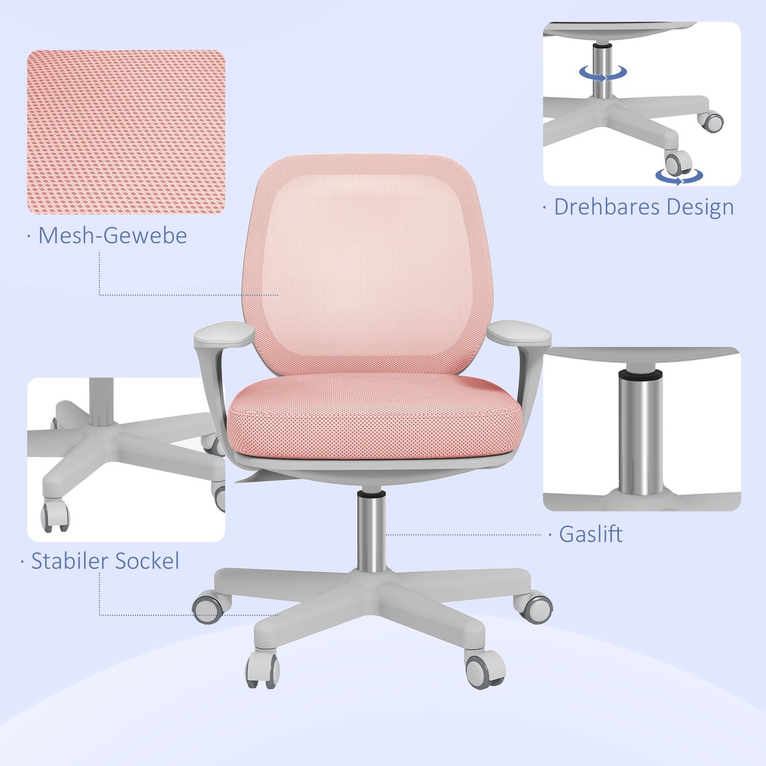 Ergonomisk kontorsstol, justerbar höjd, rosa, 360° vridbar