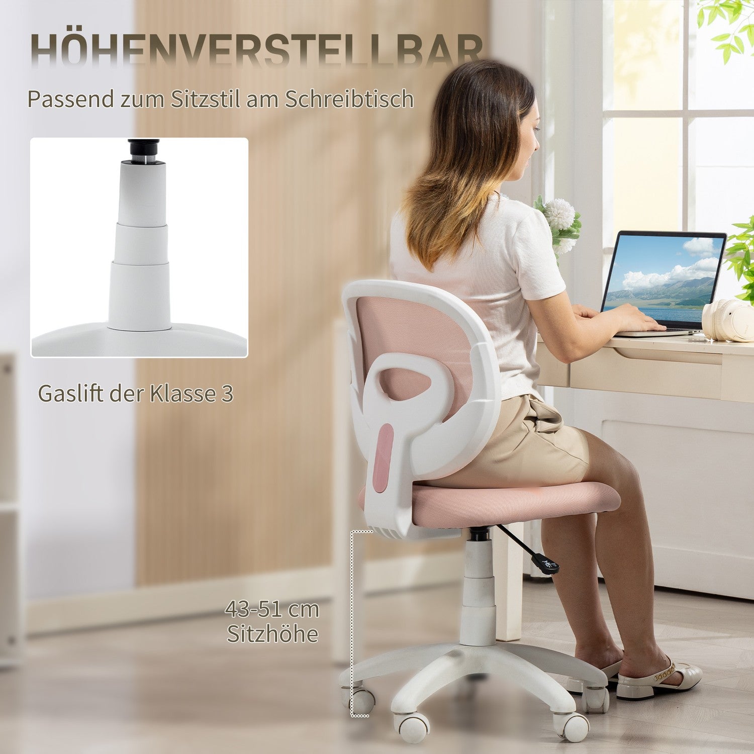 Ergonomisk kontorsstol, justerbar höjd, rosa