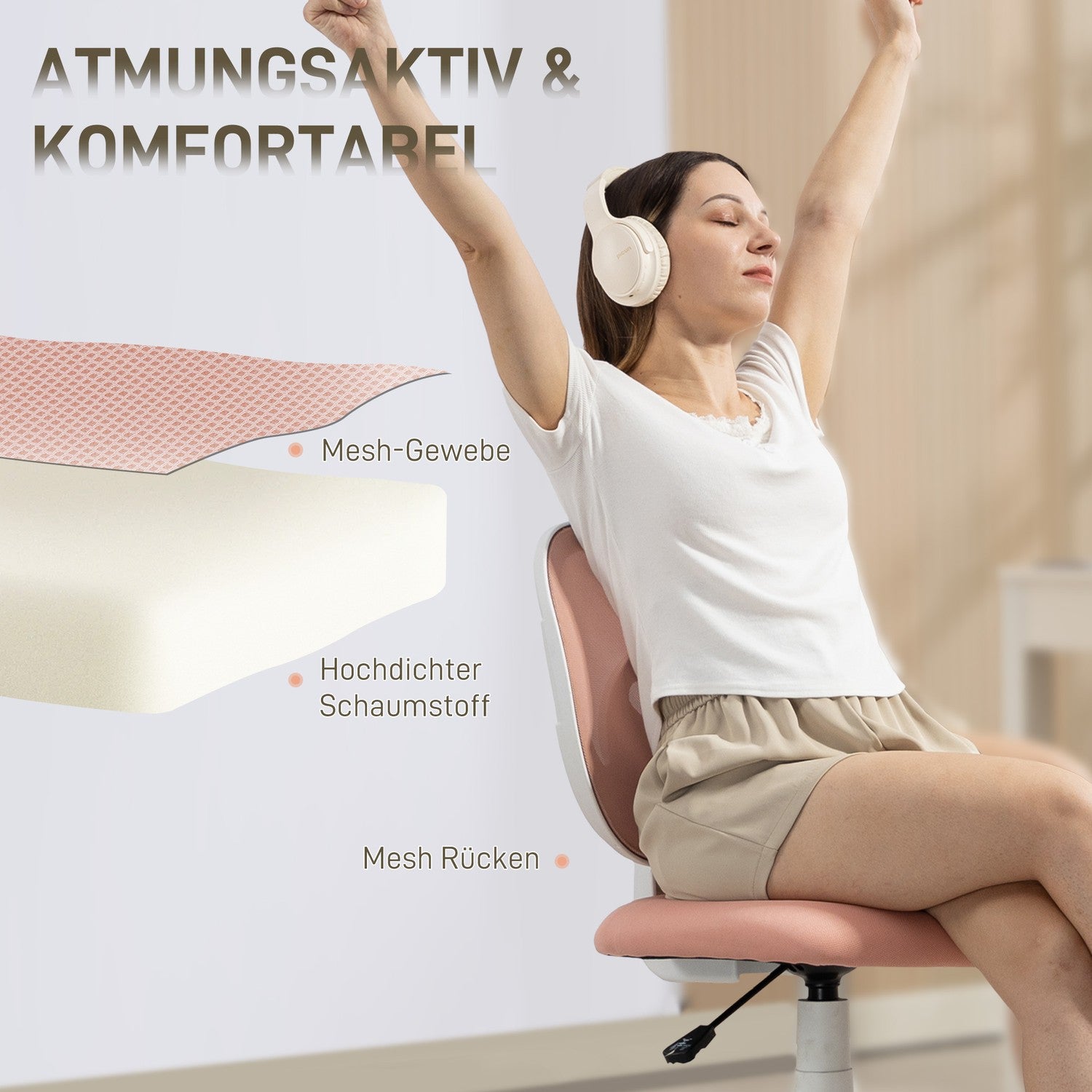 Ergonomisk kontorsstol, justerbar höjd, rosa