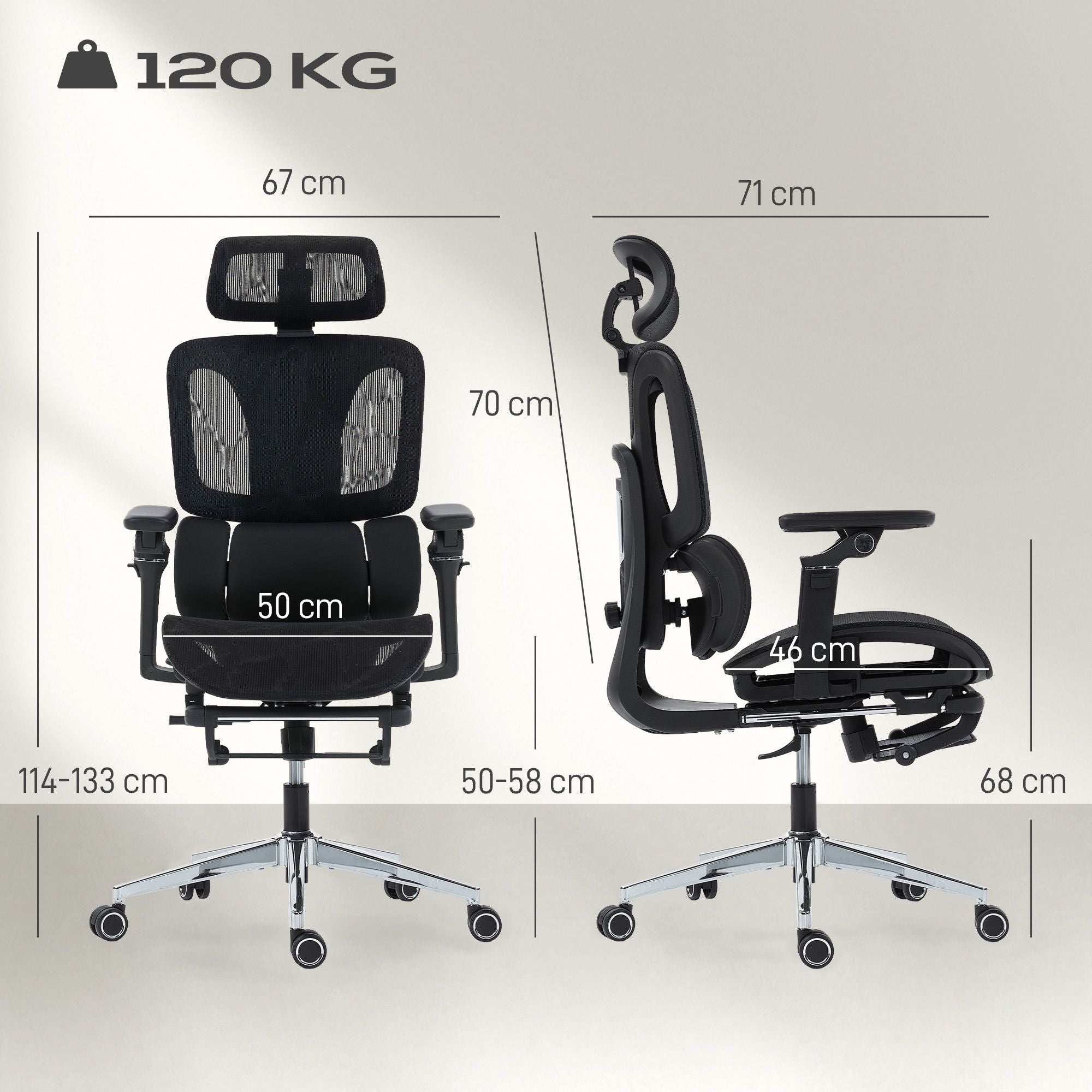 Ergonomisk kontorsstol, justerbart svank- och nackstöd, svart nät