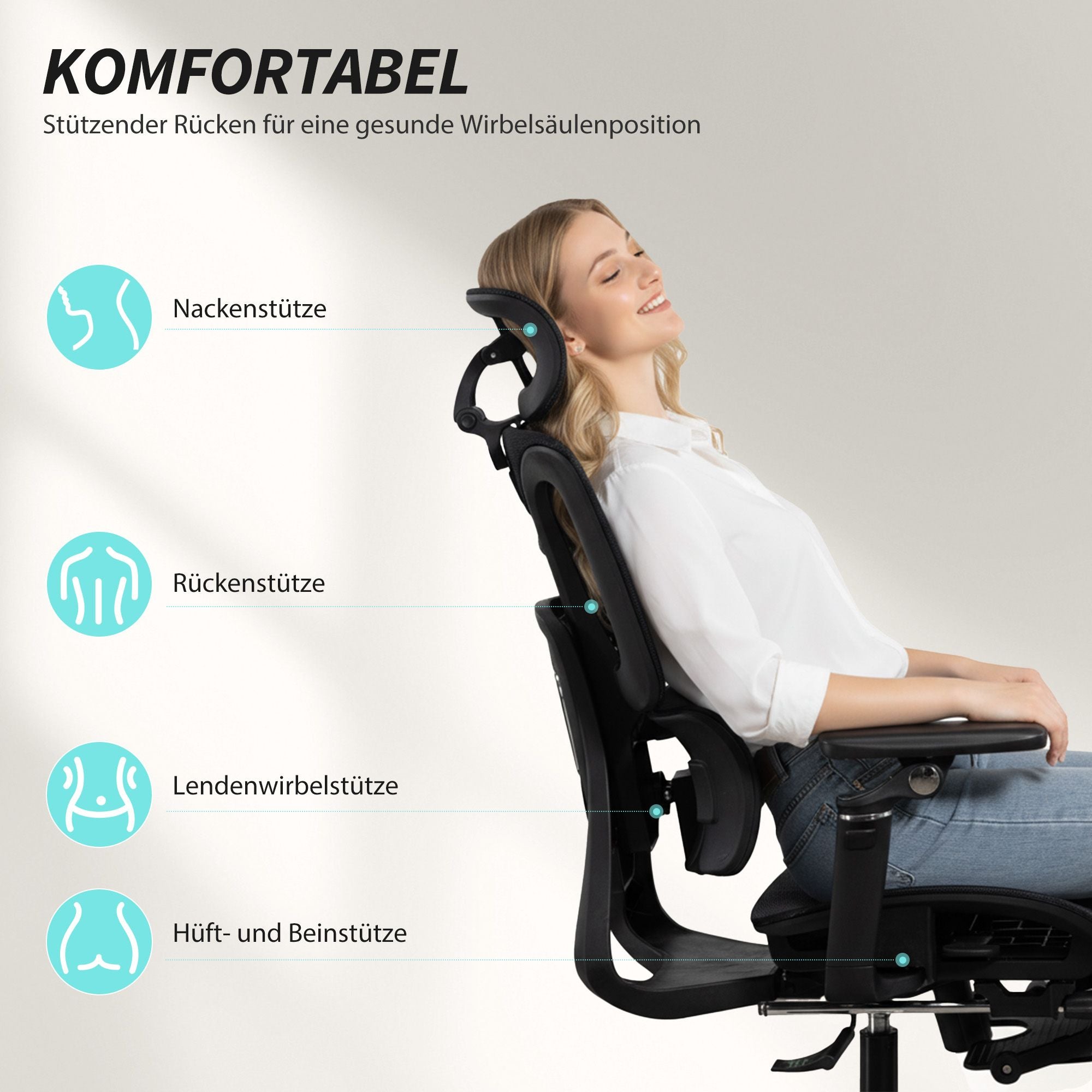 Ergonomisk kontorsstol, justerbart svank- och nackstöd, svart nät