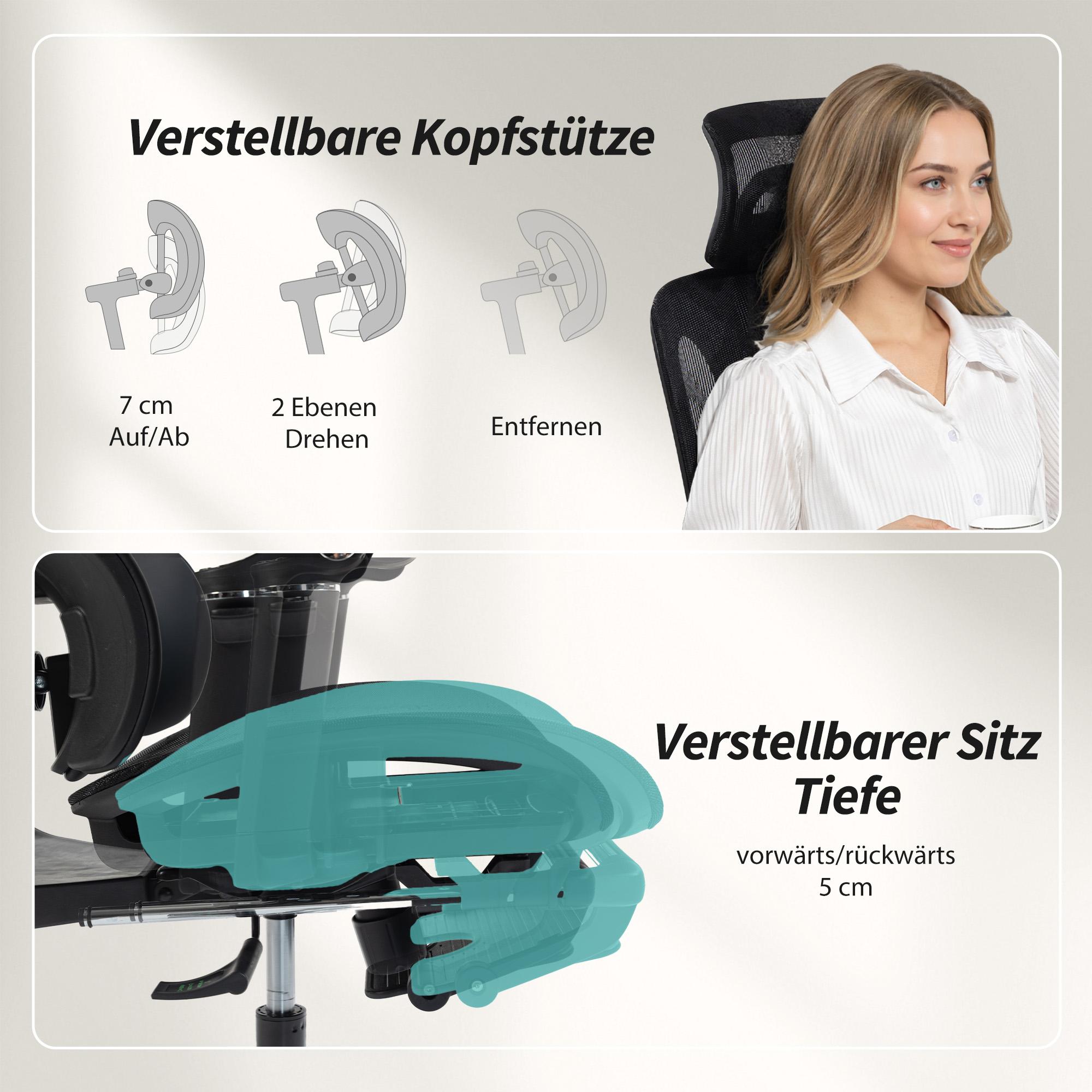 Ergonomisk kontorsstol, justerbart svank- och nackstöd, svart nät