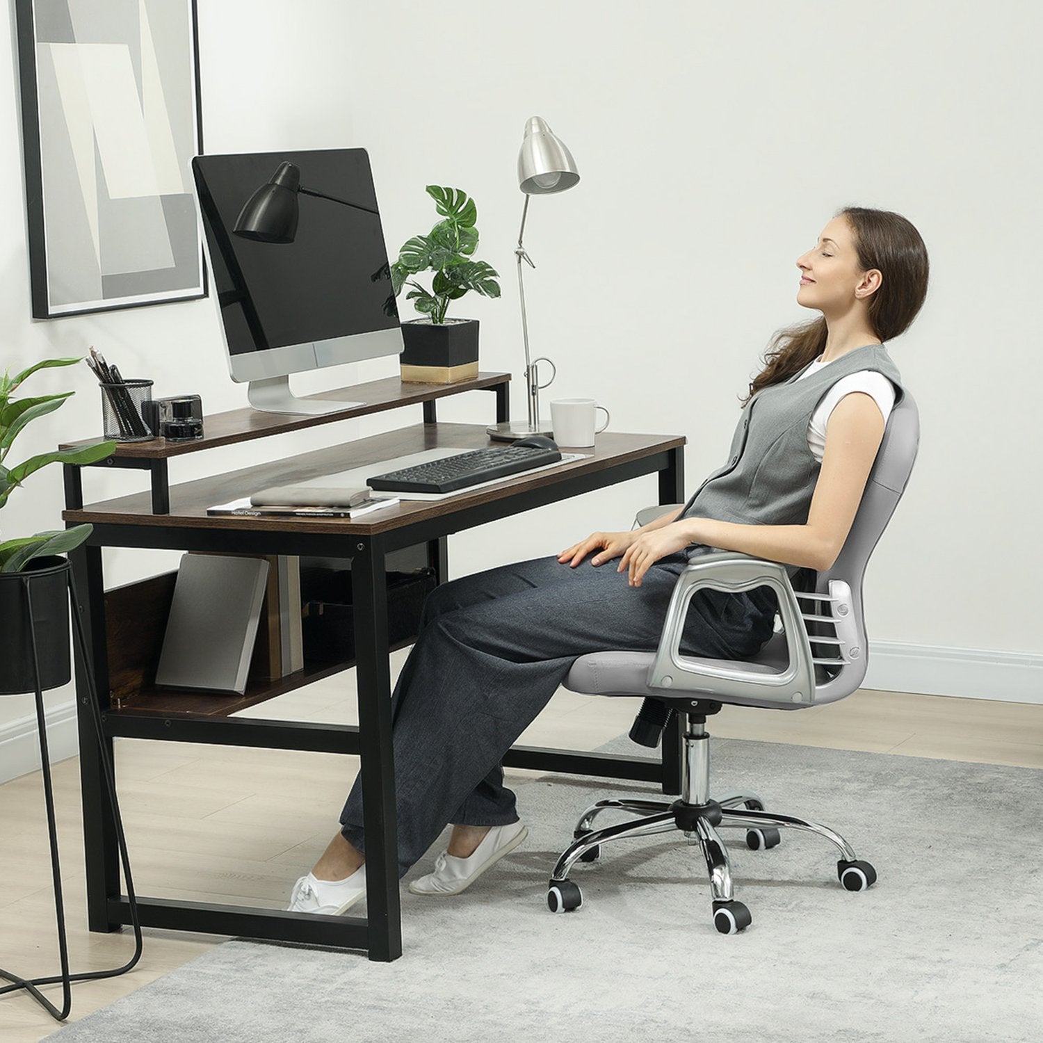 Ergonomisk kontorsstol med armstöd, ljusgrå, justerbar