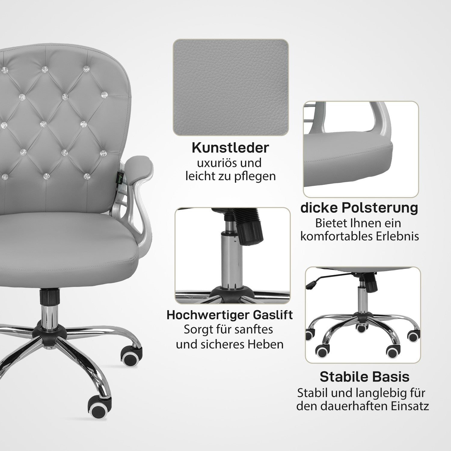Ergonomisk kontorsstol med armstöd, ljusgrå, justerbar