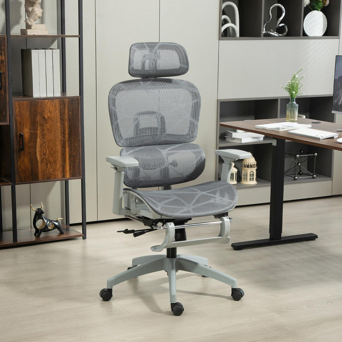 Ergonomisk kontorsstol med fotstöd, lutande ryggstöd