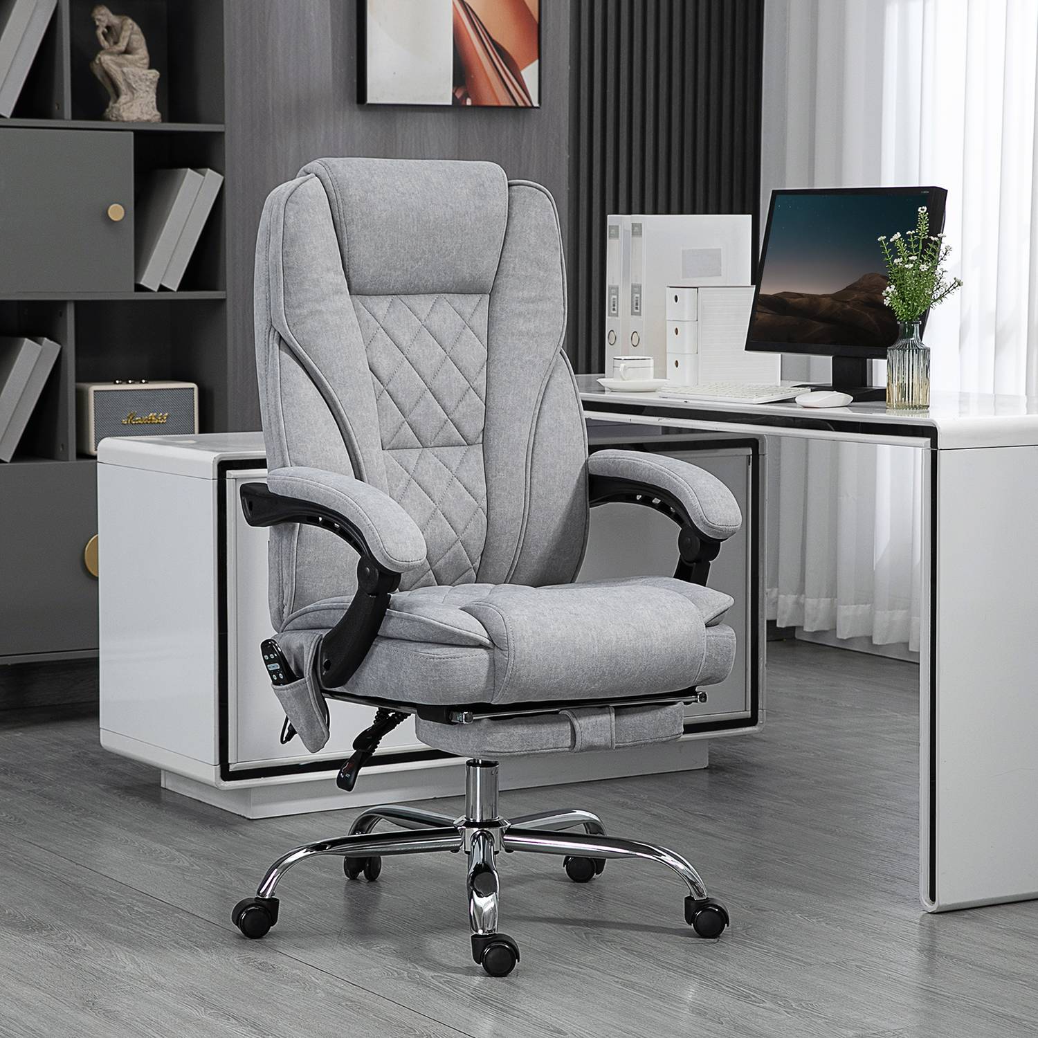 Ergonomisk kontorsstol med massagefunktion, fotstöd, vridbar, rullbar, grå