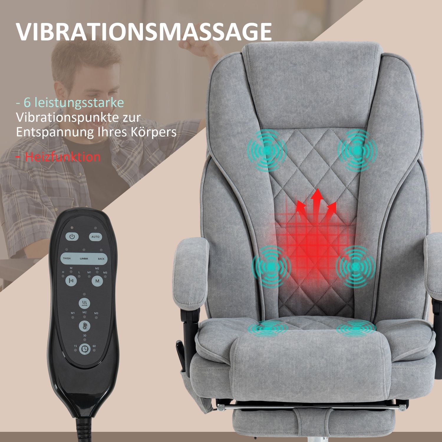 Ergonomisk kontorsstol med massagefunktion, fotstöd, vridbar, rullbar, grå