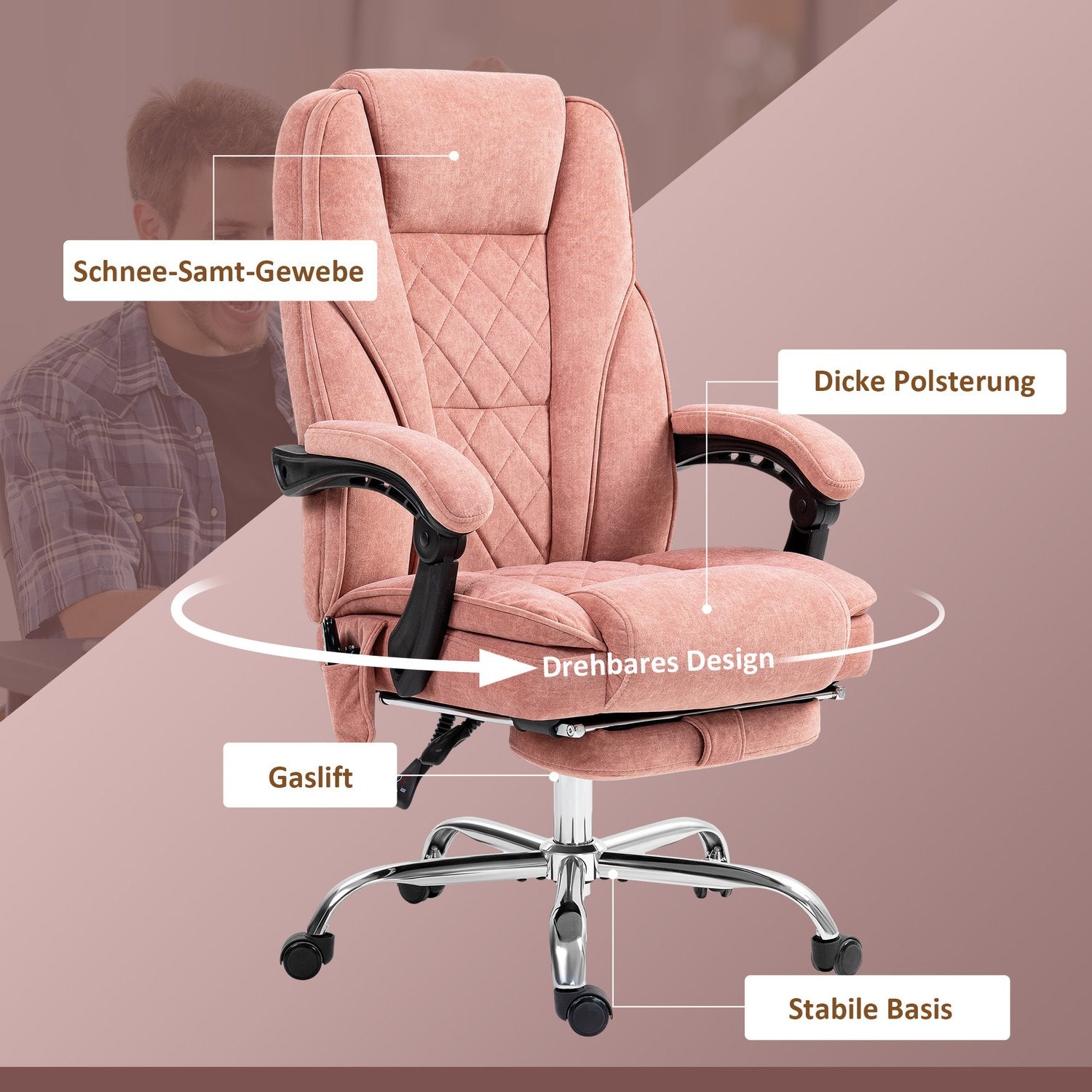 Ergonomisk kontorsstol med massagefunktion, fotstöd, vridbar, rullbar, rosa