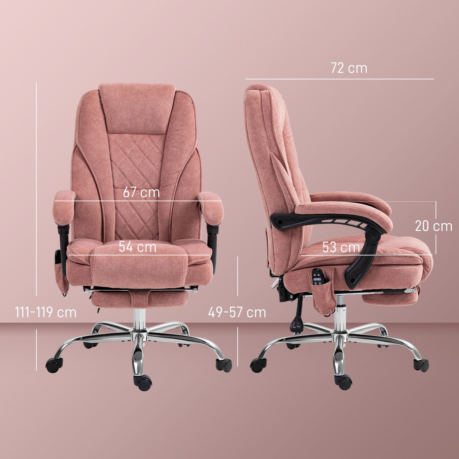Ergonomisk kontorsstol med massagefunktion, fotstöd, vridbar, rullbar, rosa