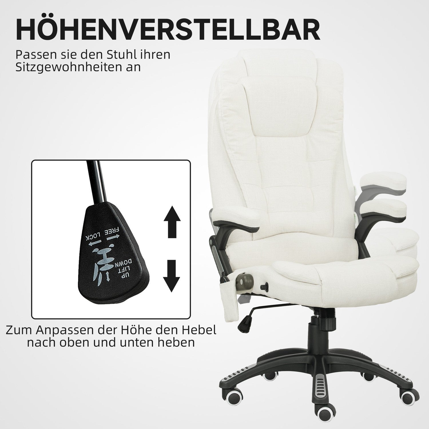 Ergonomisk kontorsstol med massage, gräddvit, 68x72x110-120 cm
