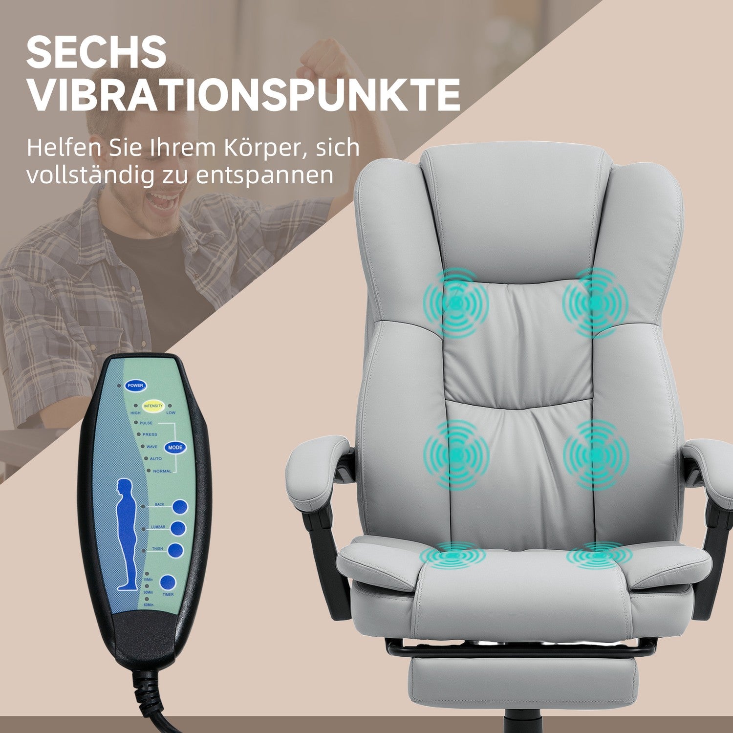Ergonomisk kontorsstol med massage, lutning, fotstöd, grå