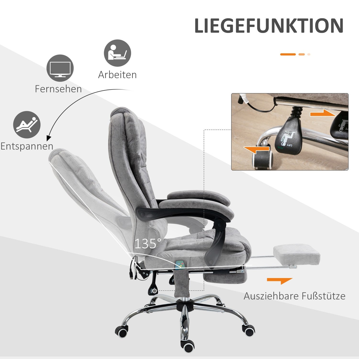 Ergonomisk kontorsstol med massage, lutning & värme, grå