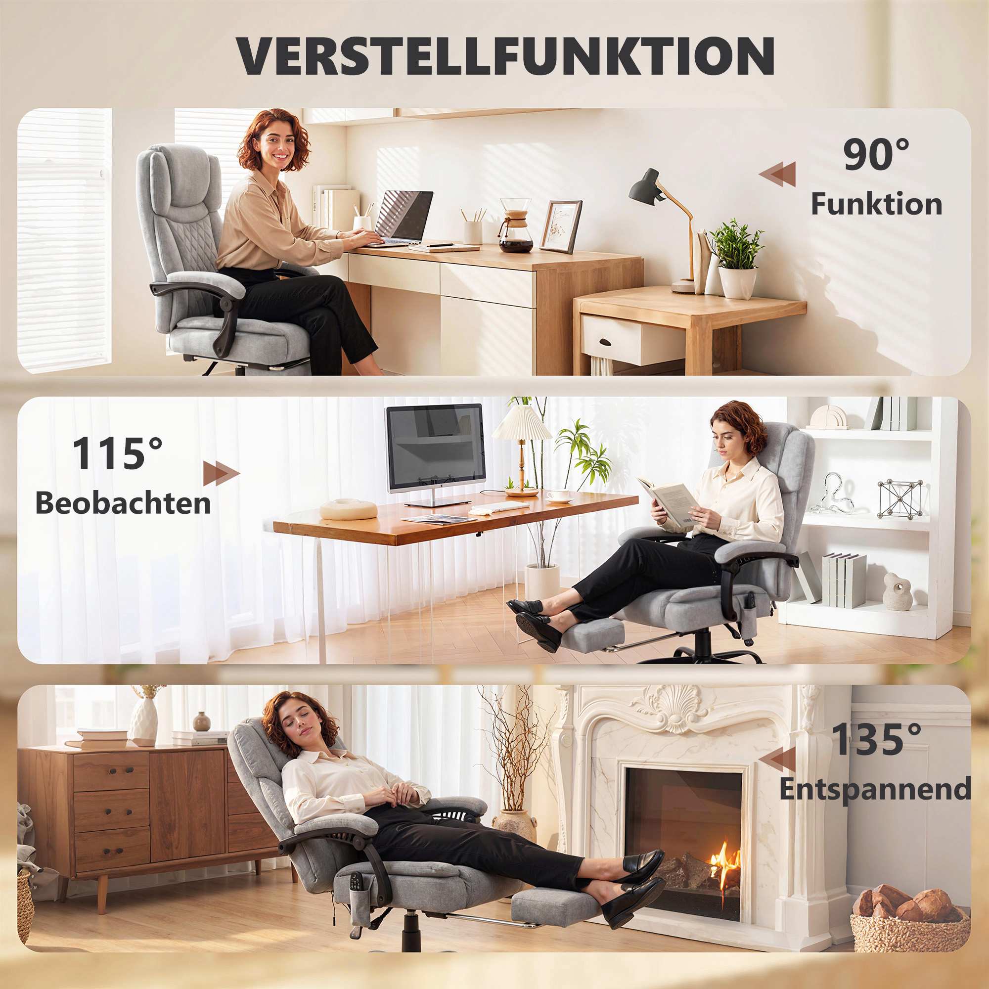 Ergonomisk kontorsstol med massage och värme, lutningsbar 135
