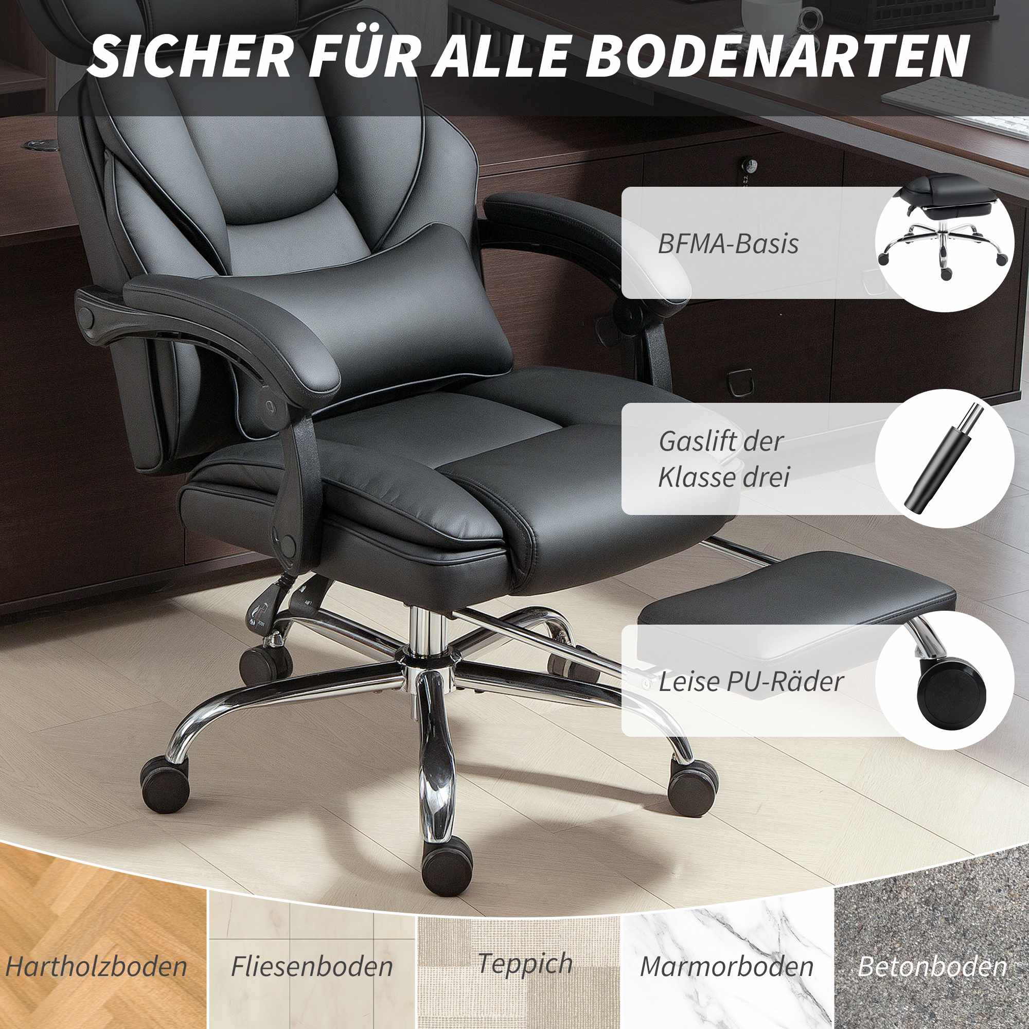 Ergonomisk kontorsstol med svankstöd, svart PU-läder