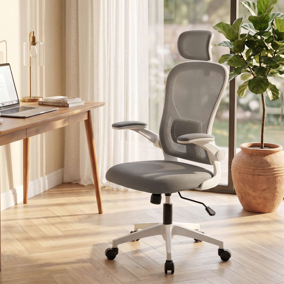 Ergonomisk kontorstol, mesh, uppfällbara armstöd, grå